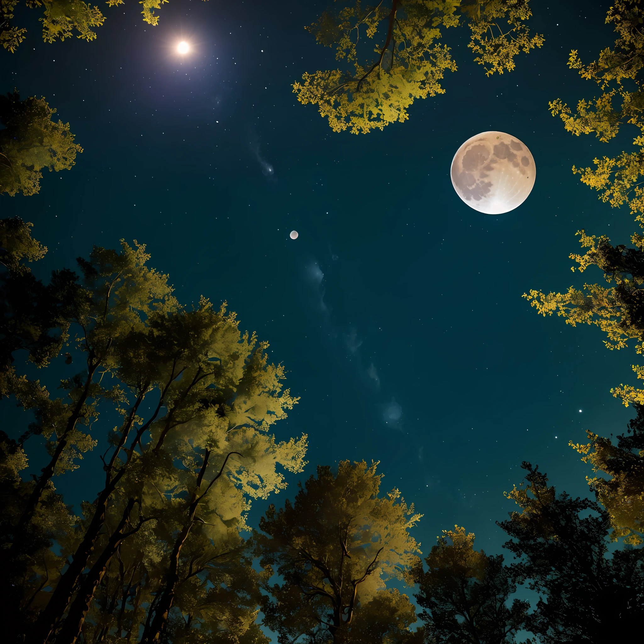 The moon seen from the bottom up, as if it were taken a picture from a professional camera, better lens, the moon is full and bright, around the camera has thin trees with dry branches, sky is starry but the highlight is the bright full moon. Cinematic, 8k. --auto