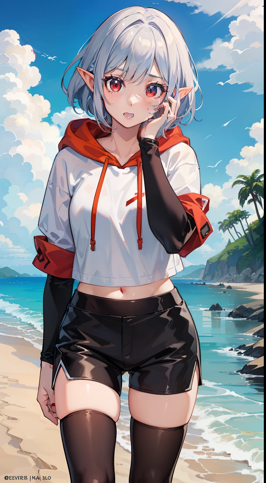 ((Put your hands on your face)), (surprised)), (Red face), 1 girl closeup, Elf, Silver hair, Red eyes, Bob cut, Braided hair, Hoodie, Shorts, Tights, Sea, Beach, Seashore, TS, Concept art, Beautiful anime scene, Beautiful anime scene, Beautiful anime scenery, Best quality, Masterpiece, 4K