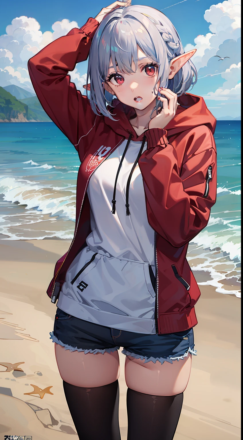 ((Put your hands on your face)), (surprised)), (Red face), 1 girl closeup, Elf, Silver hair, Red eyes, Bob cut, Braided hair, Hoodie, Shorts, Tights, Sea, Beach, Seashore, TS, Concept art, Beautiful anime scene, Beautiful anime scene, Beautiful anime scenery, Best quality, Masterpiece, 4K