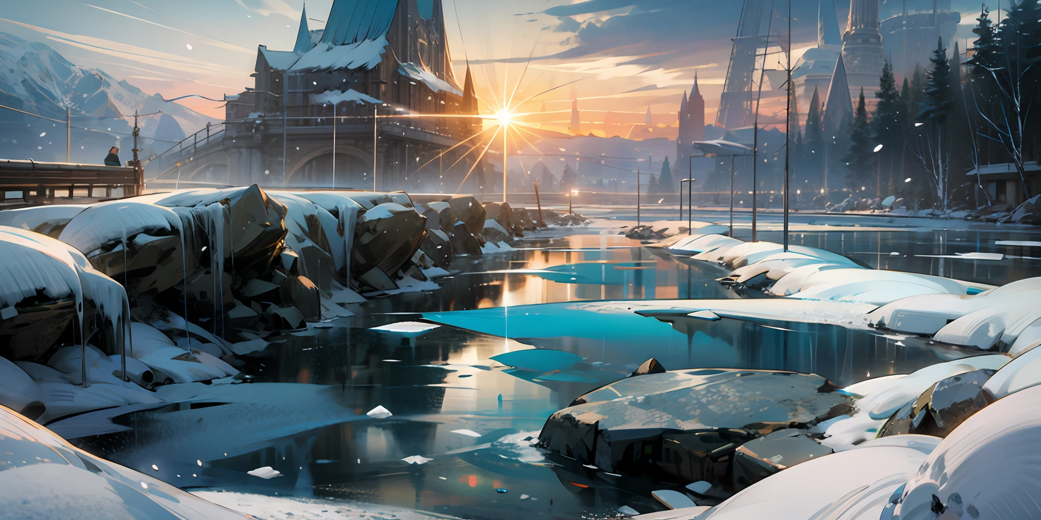Xiaoice River Period, Cold, Ice Age, Animals of the Ice Age, Sun in the Distance, Frozen Stream, Snowy, Op Art, Motion Blur, Dither, Halftone, Bezel, Partial Underwater Shot, Viewfinder, POV, Atmospheric Perspective, Panorama, Caustic, Wide Angle, Sony FE GM, UHD, masterpiece, 1080P, Best Quality, Super Detail