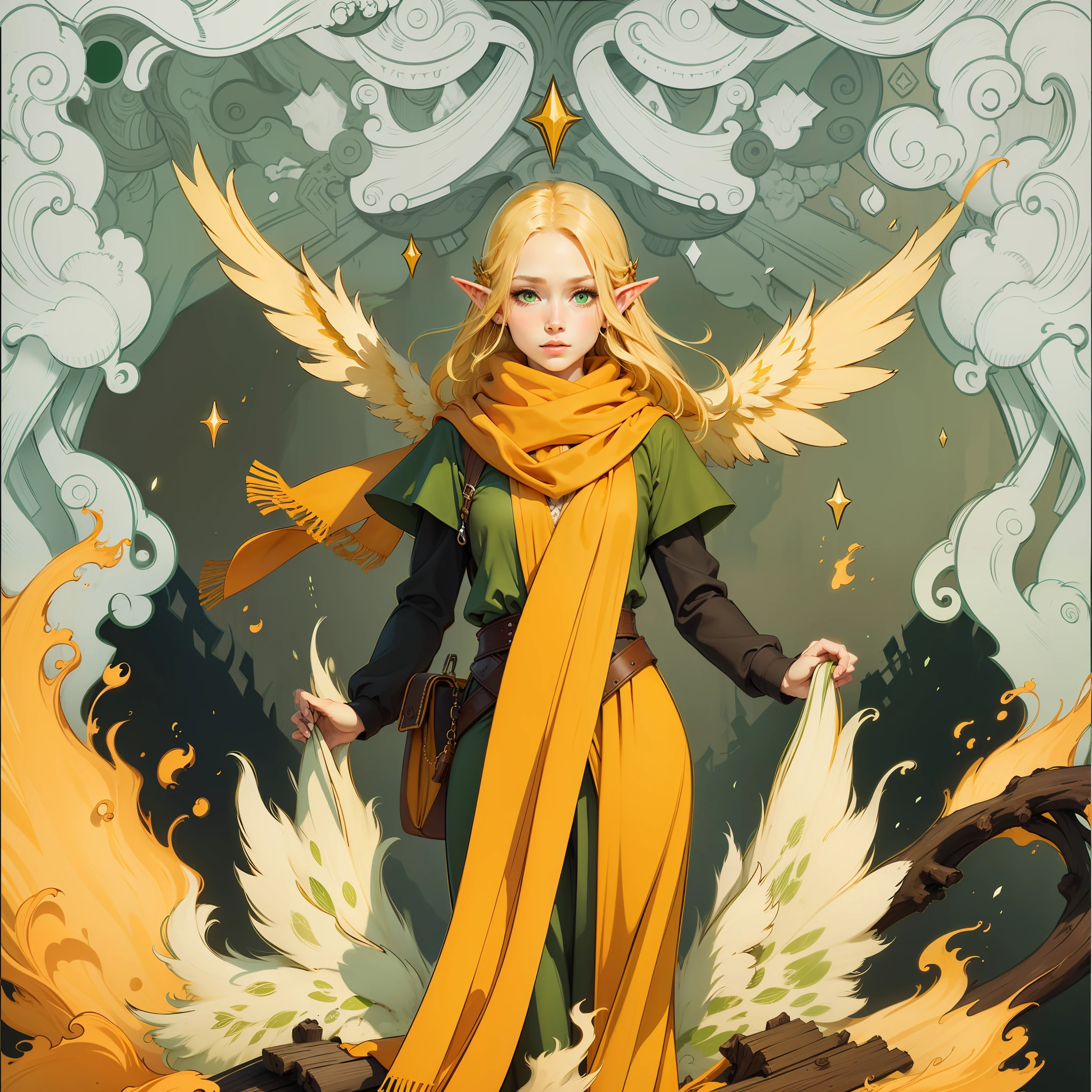 Long yellow hair, green eyes, elf, orange scarf, little dull hair, green atmosphere background, wood elf, yellow-green elf wings