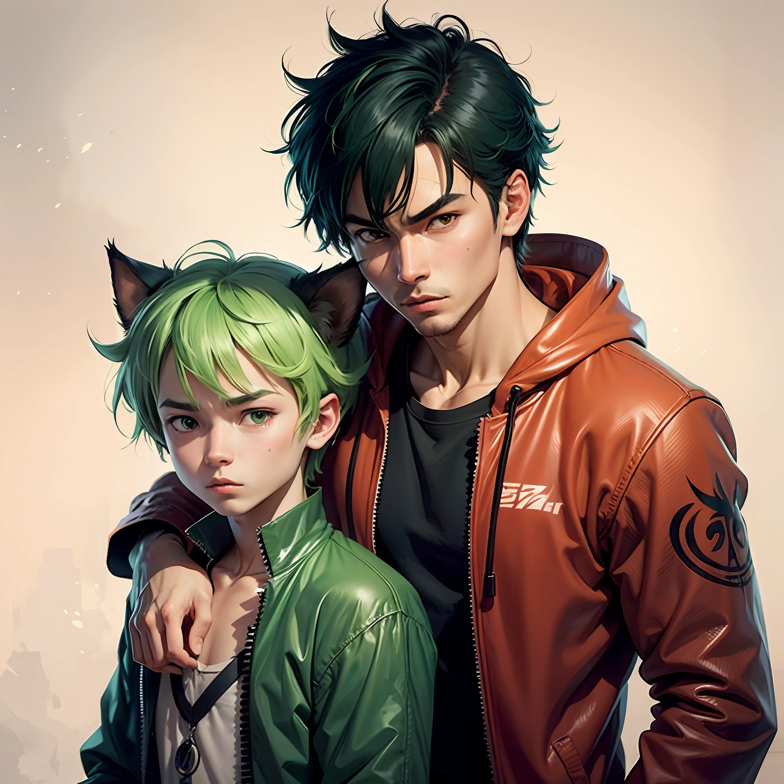 Cartoon picture of a man with green hair and cat, anime style, anime style, 2 D anime style, as anime character, anime style character, Kentaro Miura manga art style, male anime style, Japanese anime style, trigger anime art style, semi-realistic anime style, anime style only --auto