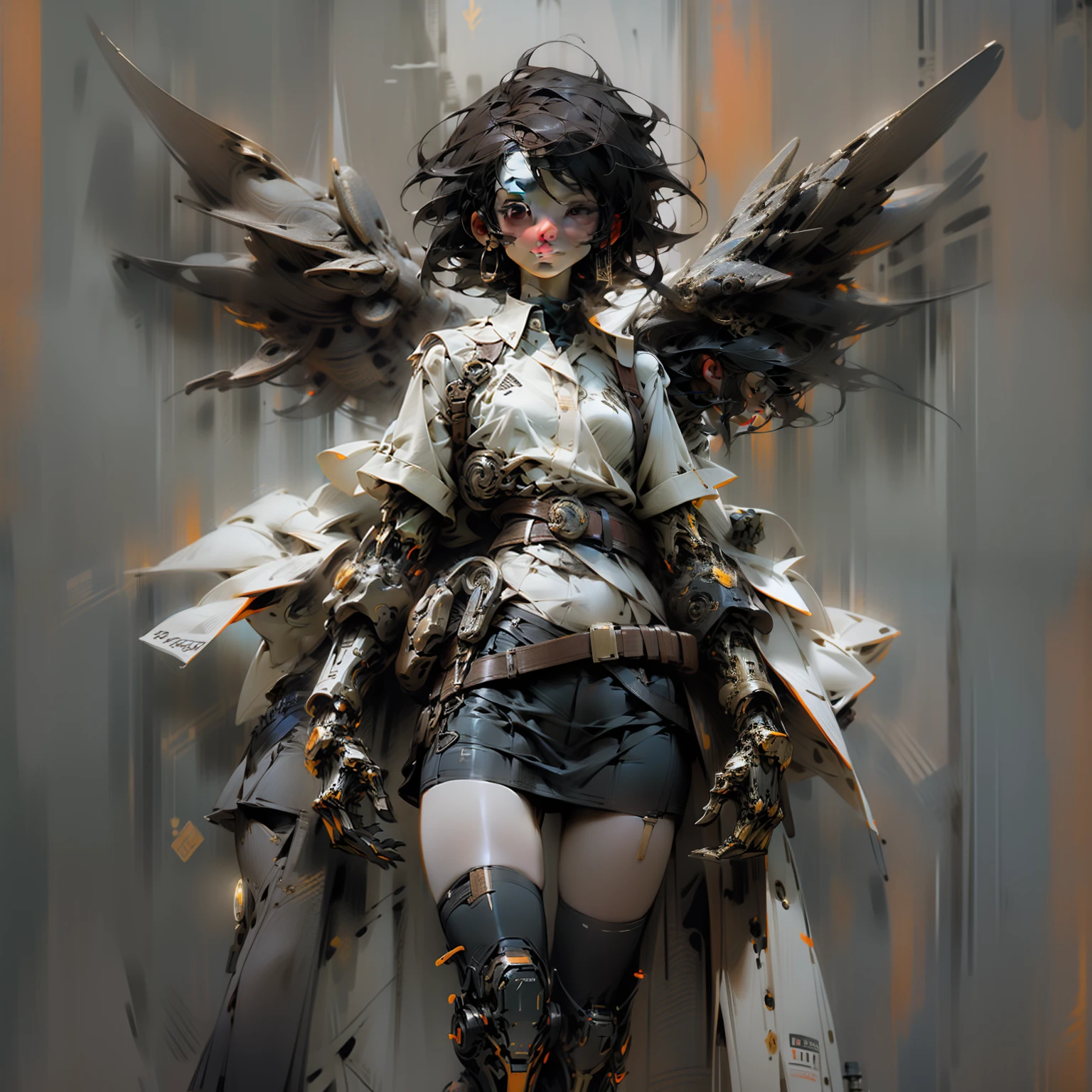 HD, High Quality, 4k, Anime Girl, Short Dark Hair, Brown Eyes, Belts, Long White Shirt and Black Skirt, Mechanical Details, Mechanical Wings, Full Growth, Character Design, Concept Art, Gothic Style, Dark Background, Digital Art