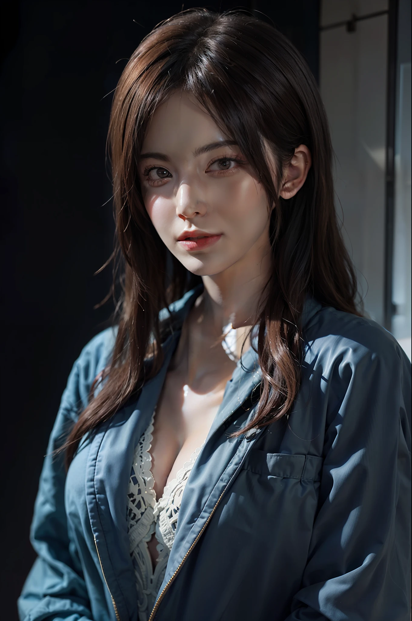 Hyperrealist portrait of female by david hockney and alphonse mucha,fantasy art, photo realistic, dynamic lighting, artstation, poster, volumetric lighting, very detailed faces, 4 k, award winning,, 1girl, in the dark, deep shadow, low key,cowboy shot,(official clothing:1.4) ,long hair,white hair,