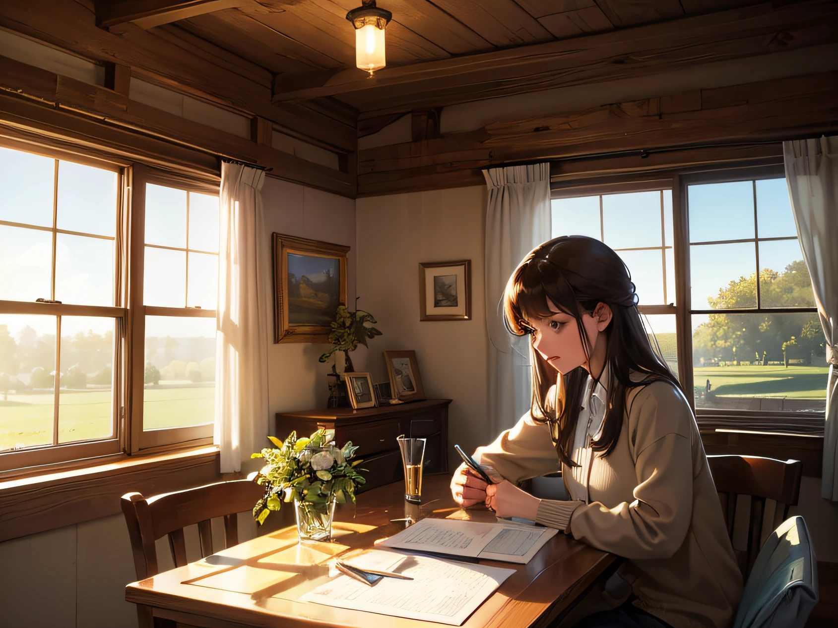 a woman with western features, writing a letter, cozy room, a window, early morning light on a farm, ultra realistic, great quality --auto