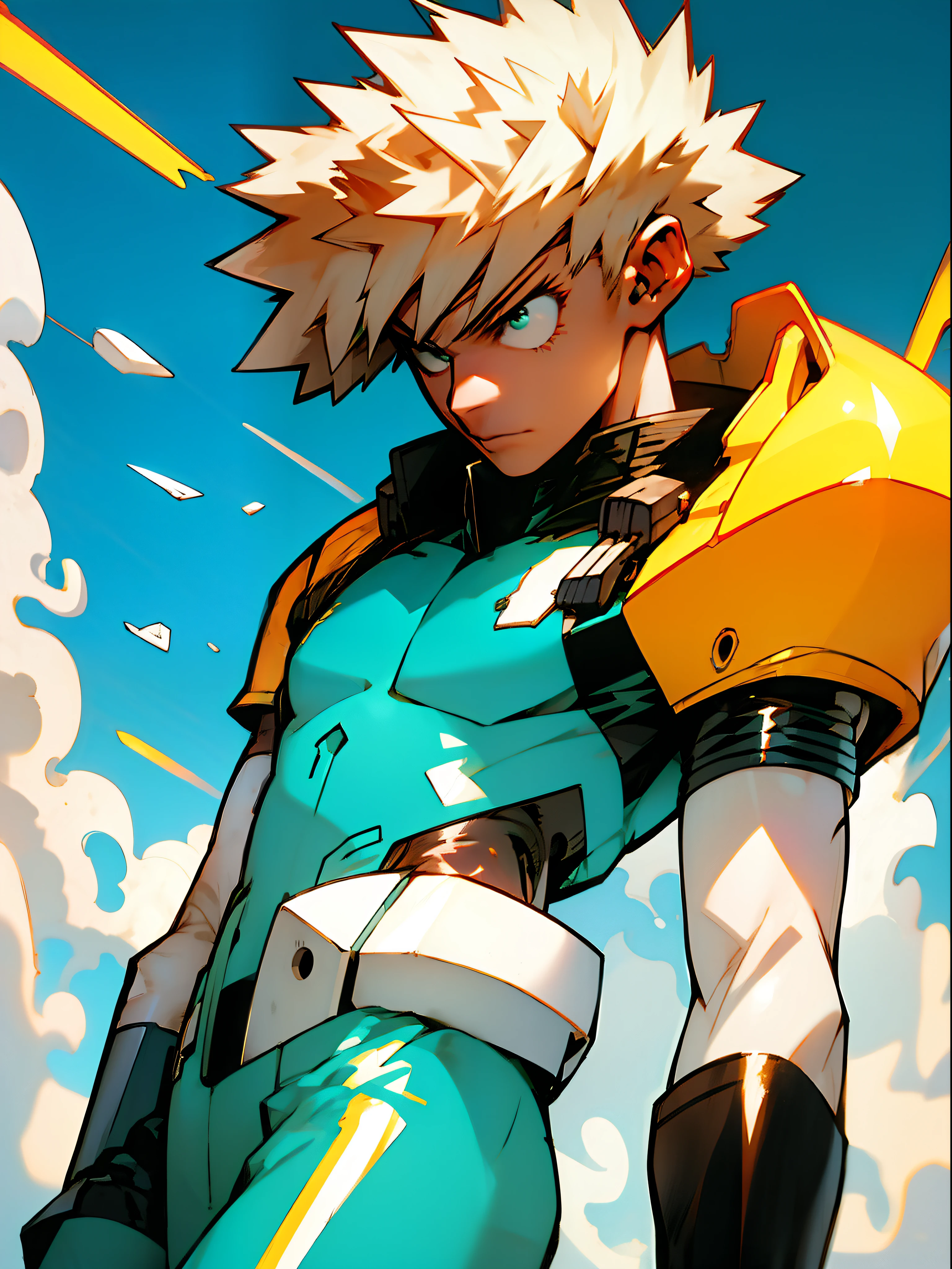 ((Best quality)), ((masterpiece)), (detailed: 1.4), (Absurd), bakugo, male, boku no hero academia, neon style clothing, mechanical explosive suit, tattoo on arms, cybernetic hand, pastel, wide shot, centered, scale to fit dimensions, HDR (High Dynamic Range),Ray Tracing,NVIDIA RTX,Super-Resolution,Unreal 5,Subsurface dispersion, PBR texture, Post-processing, Anisotropic filtering, Depth of field, Maximum clarity and sharpness, Multilayer textures, Albedo and specular maps, Surface shading, Accurate simulation of light-material interaction, Perfect proportions, Octane Render, Two-tone lighting, Wide aperture, Low ISO, White balance, Rule of thirds, 8K RAW