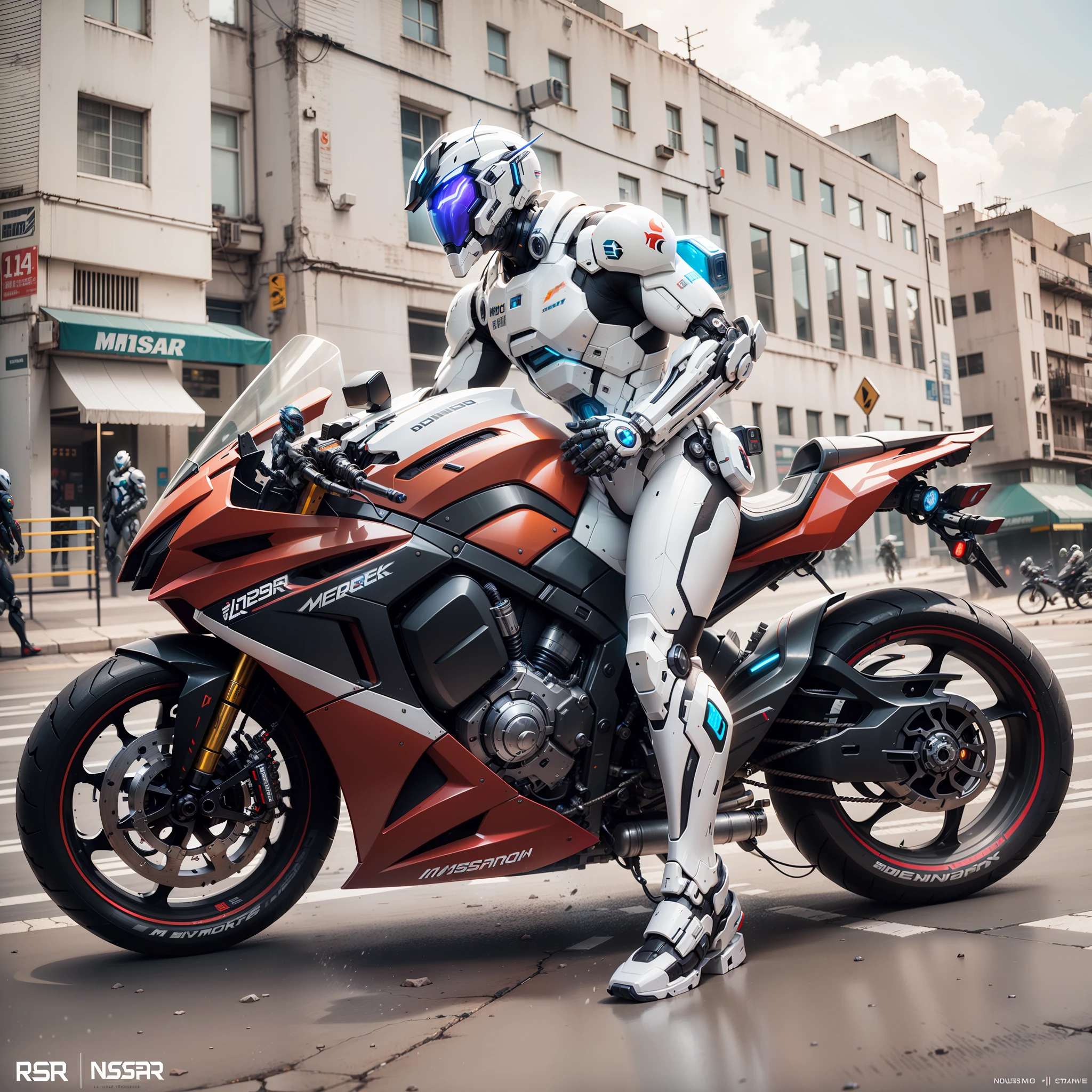 White mech suit, handsome full body white mech suit cyberpunk male warrior, white high-tech full surround helmet, black cyberpunk mech suit, Nousr, biomechanics, MSHN robot man, high-tech helmet, surreal, steel, complex design, crazy details, fine details, extremely clear lines, cinematic lighting, photo realisticity, detailed masterpiece