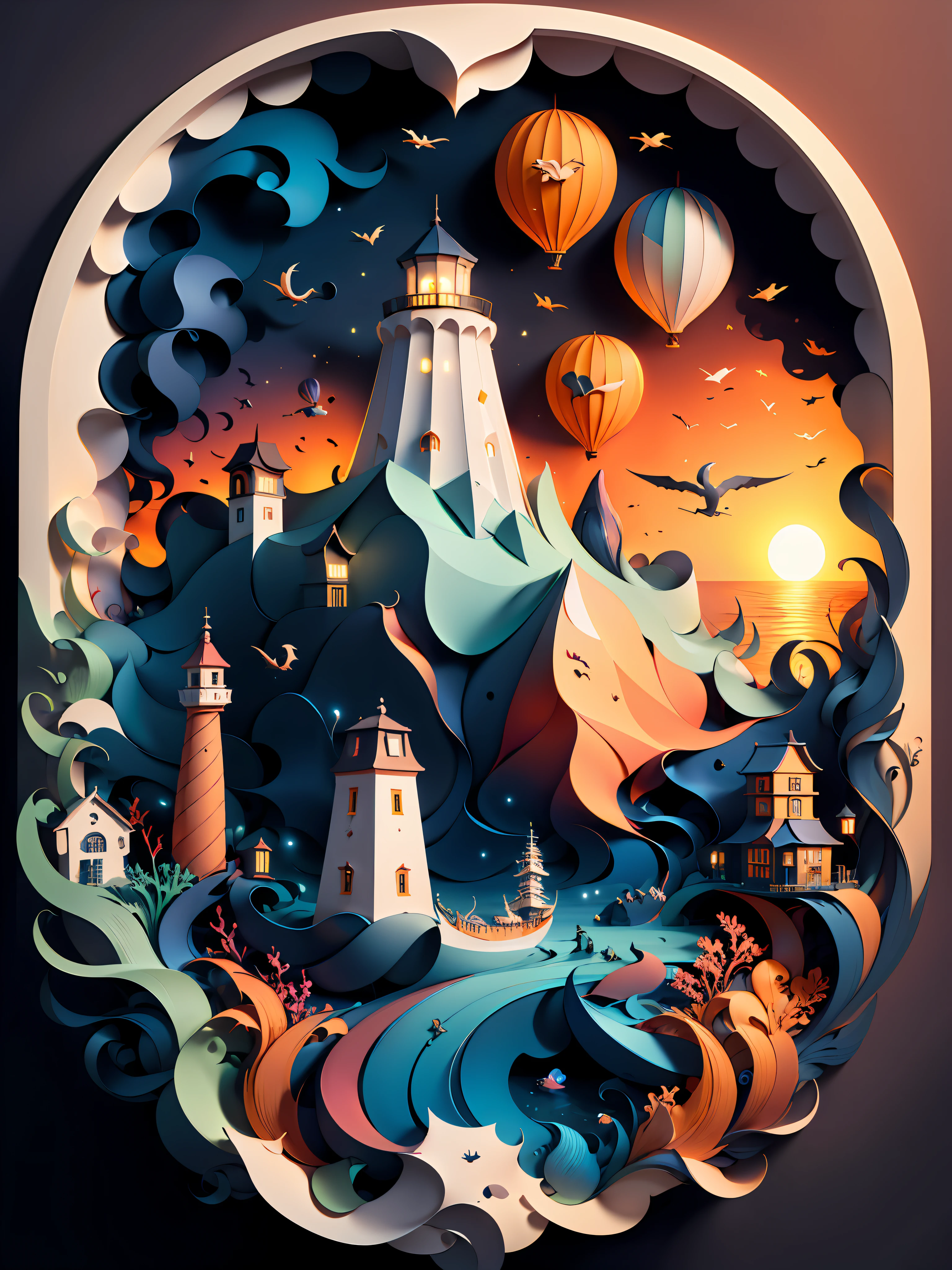 (((masterpiece))),best quality, illustration, lighthouse in turbulent seas At sunset , paper_cut,
