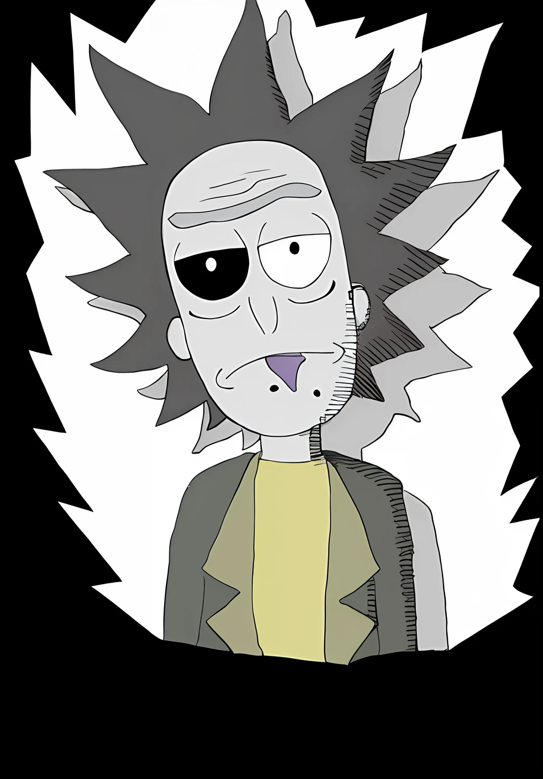 create portrait of Rick Sanchez from Rick and Morty, in the style of Rick and Morty artwork, resembling Rick Sanchez in real life, using the distinctive art style of Rick and Morty.