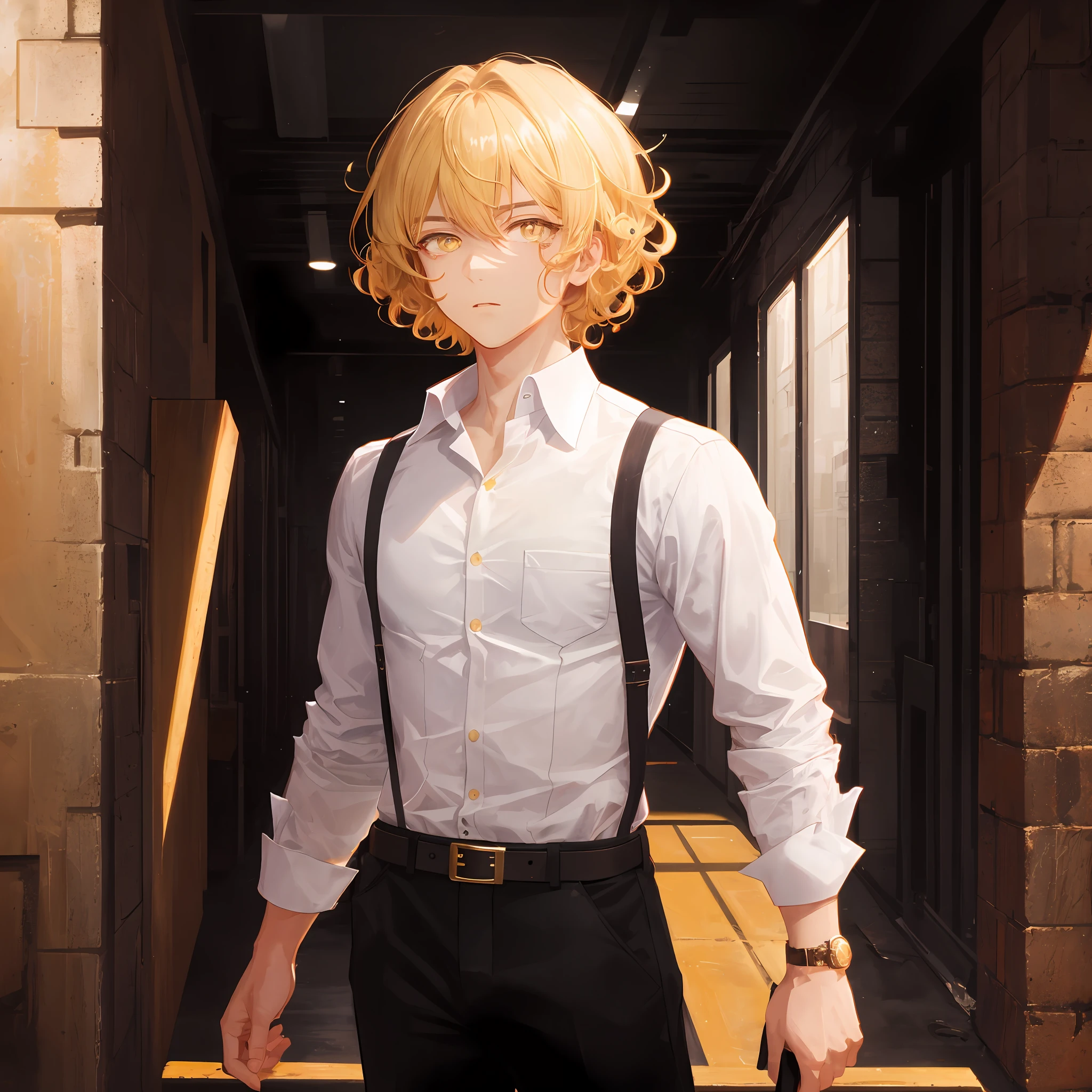 Master works, best image quality, higher quality, (high detail), super high resolution, 8k resolution, juvenile, single, arrogant, short hair, blonde hair, curly hair, white shirt, yellow eyes, golden pupils, upper body, handsome, handsome, standing