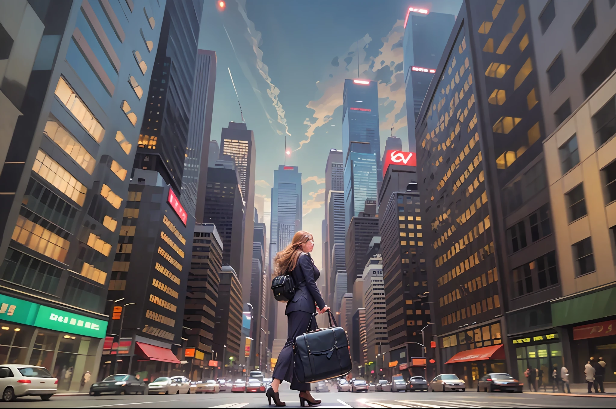 (Masterpiece), (Intricate Details), (Photorealistic: 1.3), (Film Grain), (Perfect Anatomy), USA, New York, in front of Midtown, wearing a business look and walking with a suitcase in tow