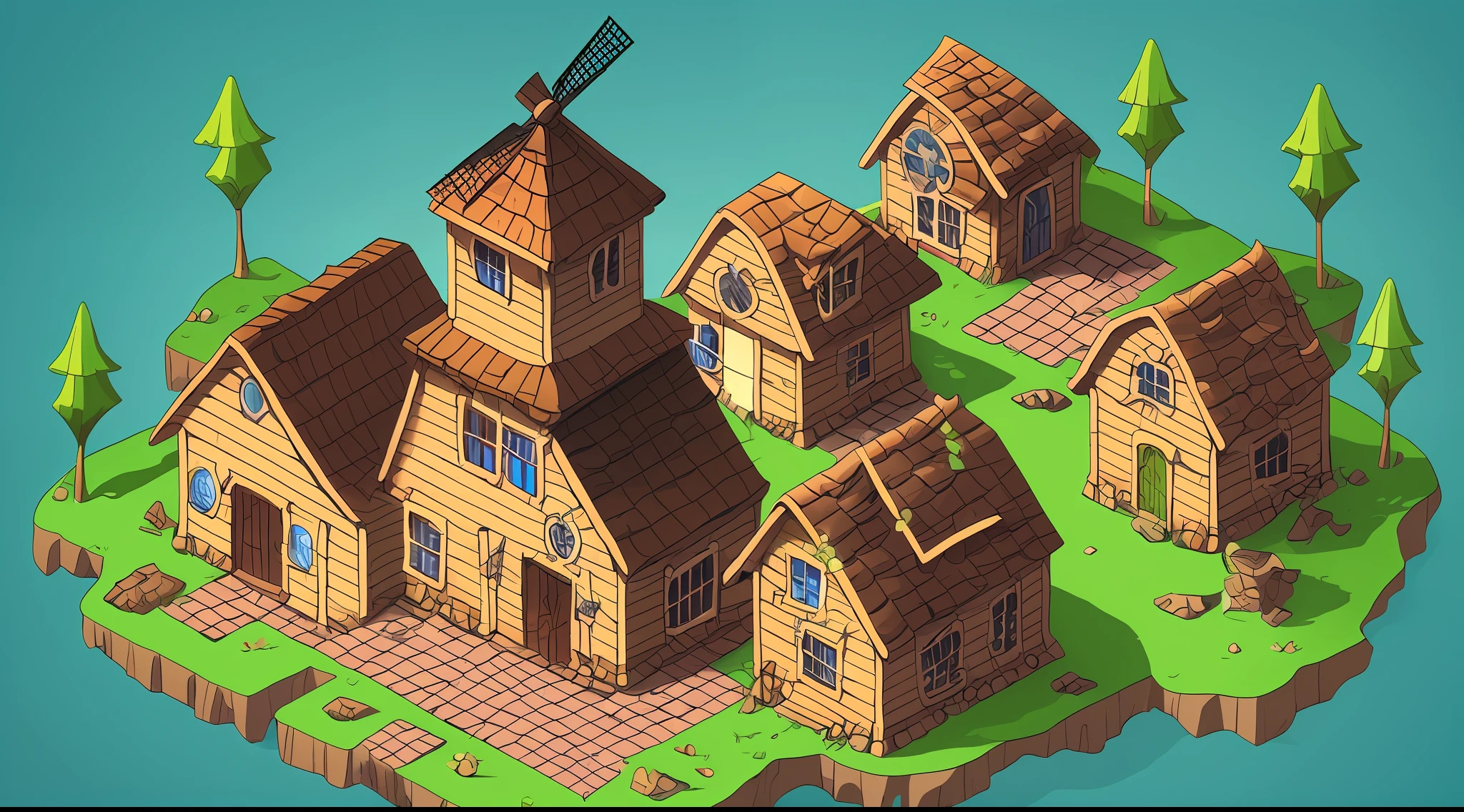 Role playing game like maps, medieval buildings, windmill mills, honeycomb primitive Chieftain Hall, spring theme, original hall, realistic, storm heroes, beautiful isometric game art