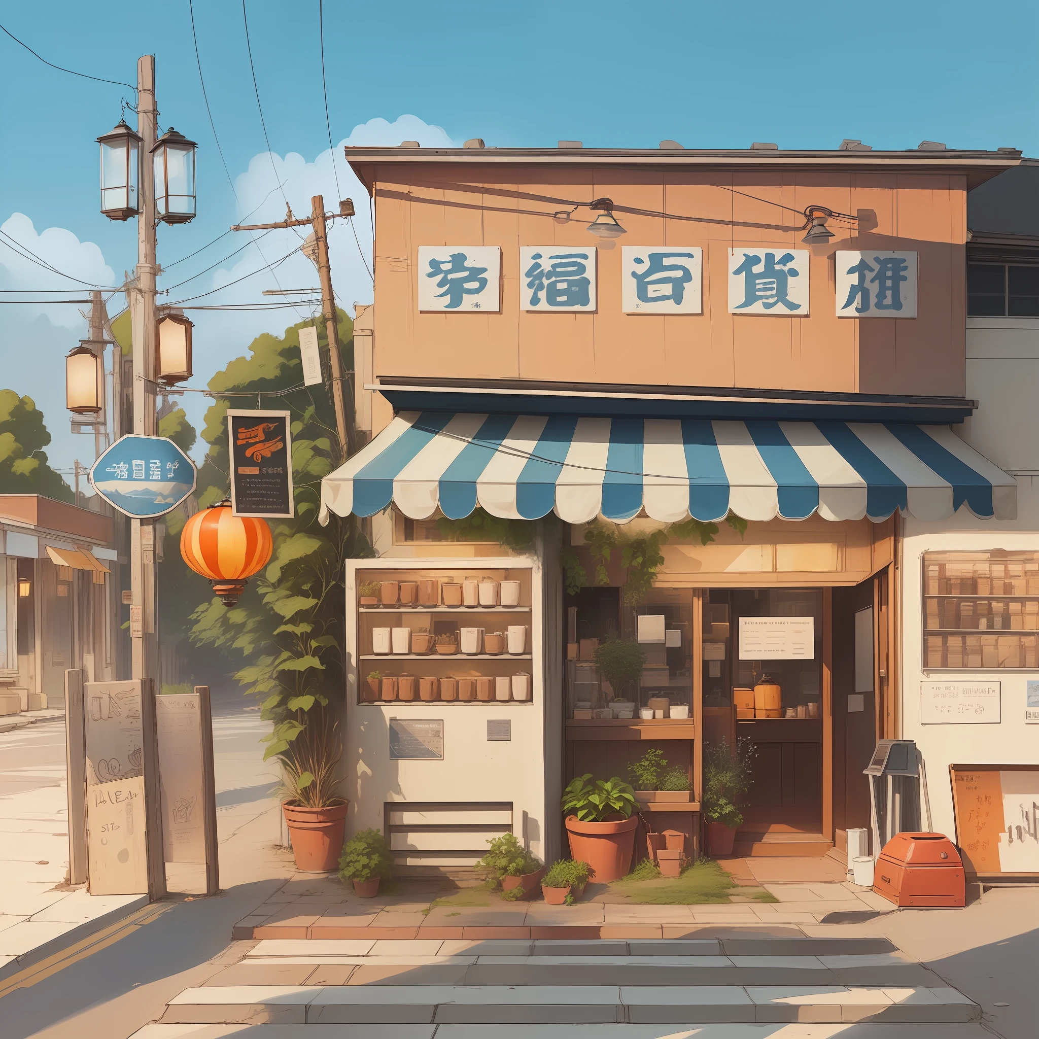 empty alley, lonely coffee shop, lanterns, plant pots, sunrise