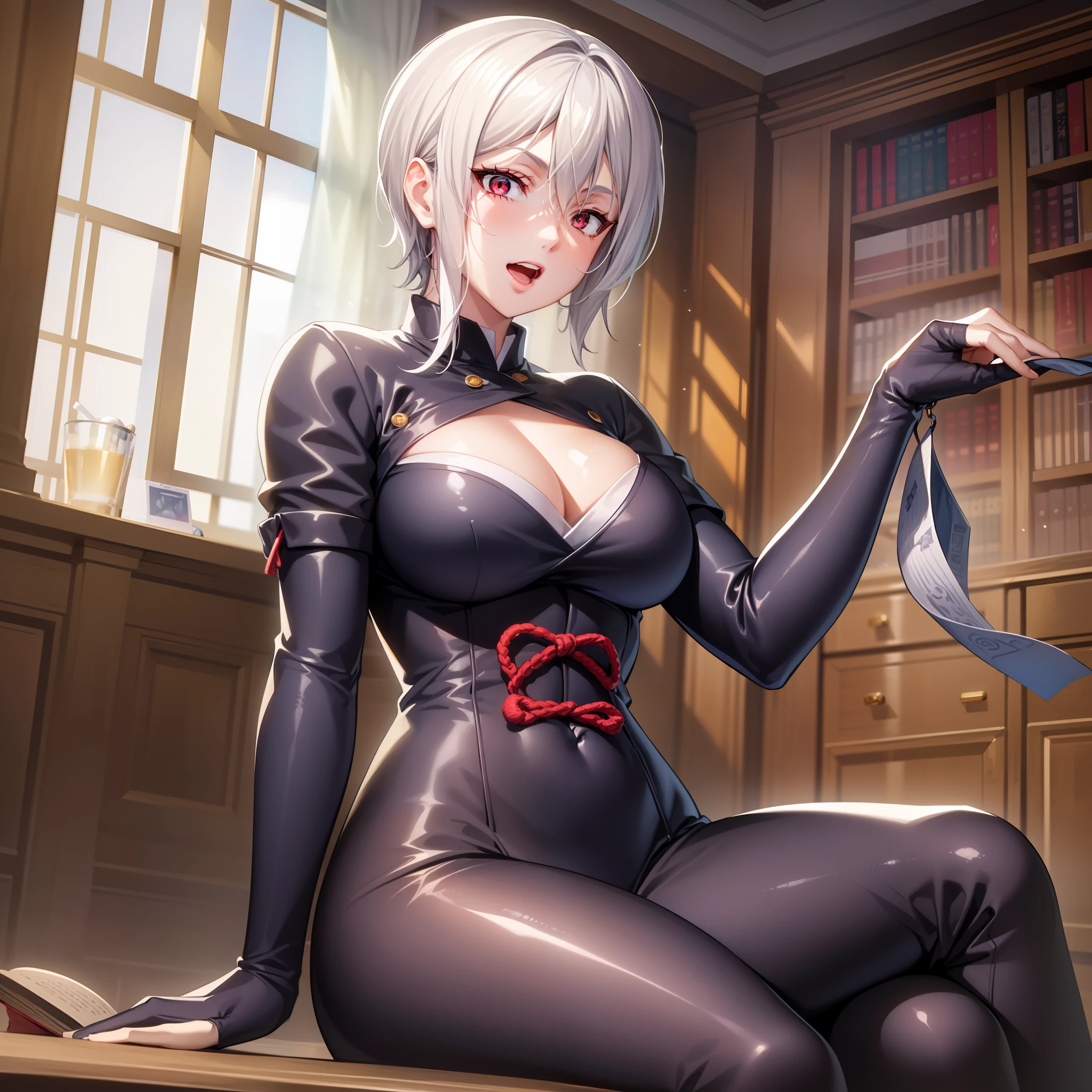 an attractive girl, sitting in a library, perfect body, with samurai clothes, neckline., white hair, eye reflection, open mouth, light smile, modern, anime, ray tracing, f/1.2, rounded corners, cropped, close-up, UHD, high details, 4K
