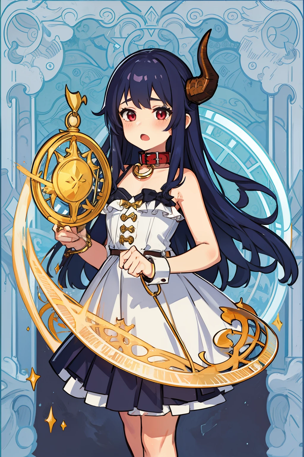 (1girl:1.3),solo,slave,collar,loli,dragon female,one dragon horn,handcuffs,cage,magic circle,