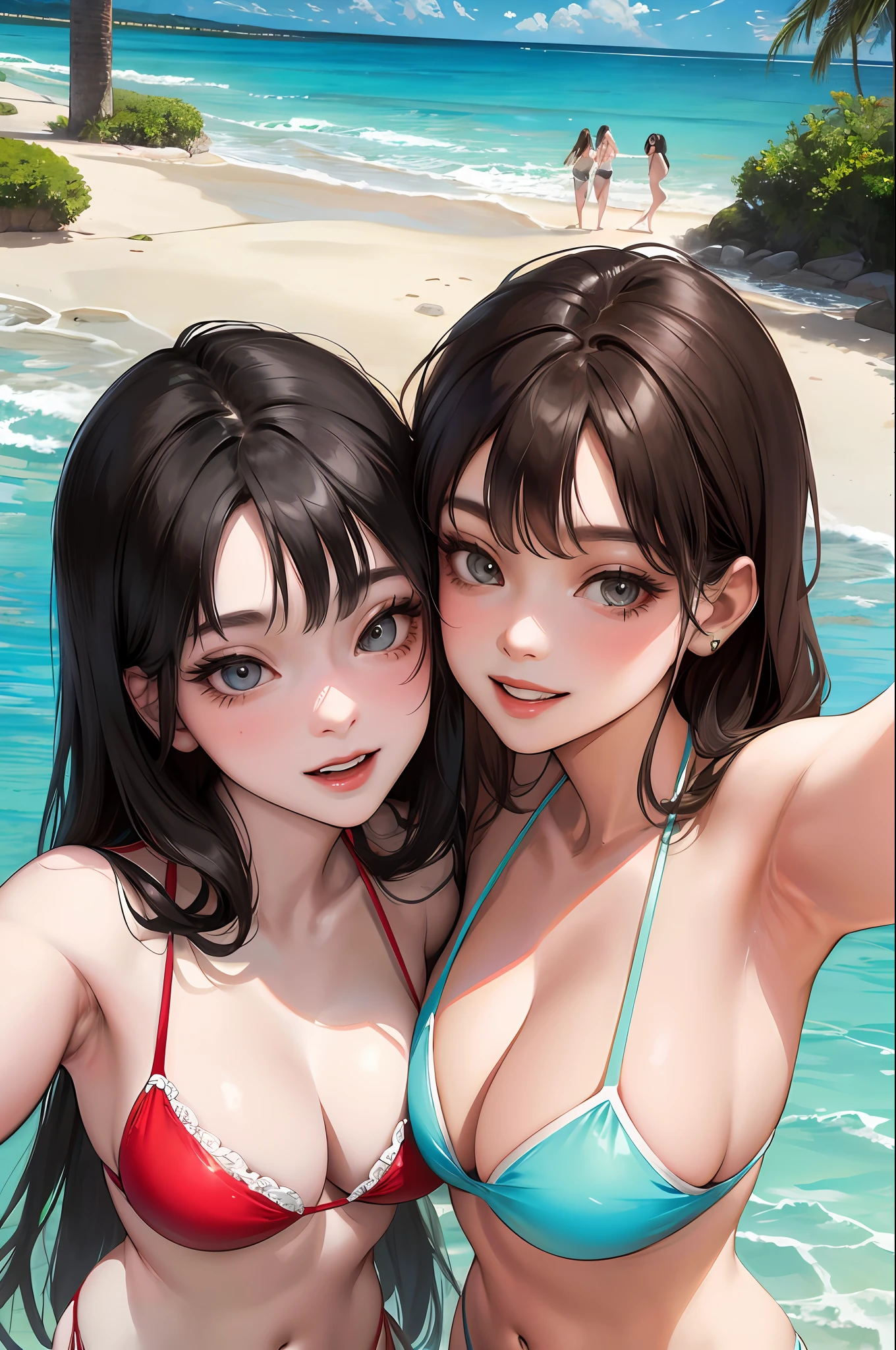 Realistic, 2 15 year old girls, selfie close to each other, wearing bikini, big breasts, smiling face