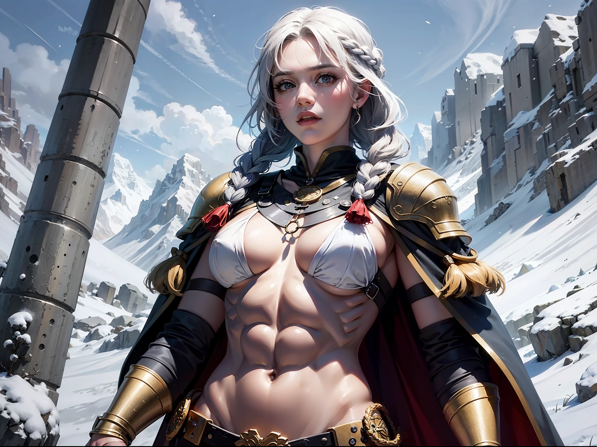 berserk mature woman, abs, rags, loincloth, snow mountain, winter, braids, ragged, tribal bodypaint, snowdrift