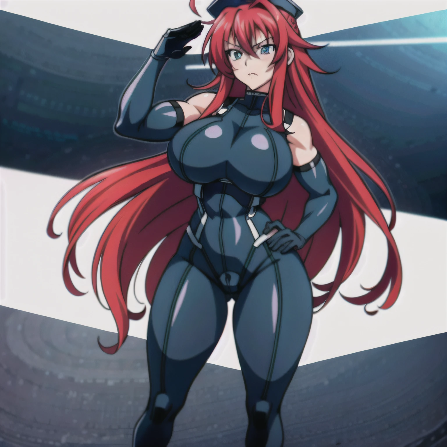Rias gremory , long hair, huge breasts, huge ass, wide hips, expressionless, bodysuit, platform heels, hypnotized, garrison cap, saluting, standing at attention, looking at you, full body shot, thick thighs, HD, 4K, high details, full body shot, symbol-shaped pupils, heart-shaped pupils, red hair, muscle girl, SMS-uniform, full body, UHD, masterpiece, ccurate, anatomically correct, textured skin, high quality, high details, super detail, award winning, best quality, highres, 4K, HD