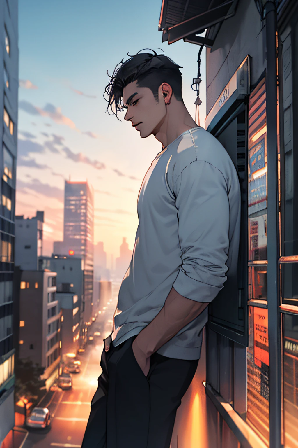 1man,masterpiece,best quality, ultra high res, dusk,cityscape,depth of field, short black messy hair, solo male
