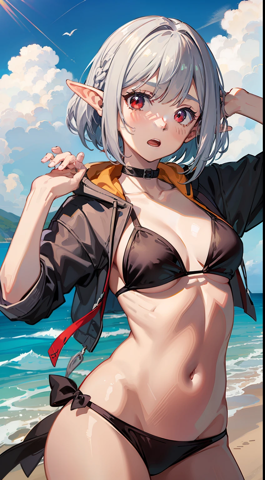 ((Put your hands on your face)), (surprised)), (Red face), 1 girl closeup, Elf, Silver hair, Red eyes, Bob cut, Braided hair, Hoodie, Swimwear, Bikini, Sea, Beach, Coast, TS, Concept art, Beautiful anime scene, Beautiful anime scenery, Best quality, Masterpiece, 4K