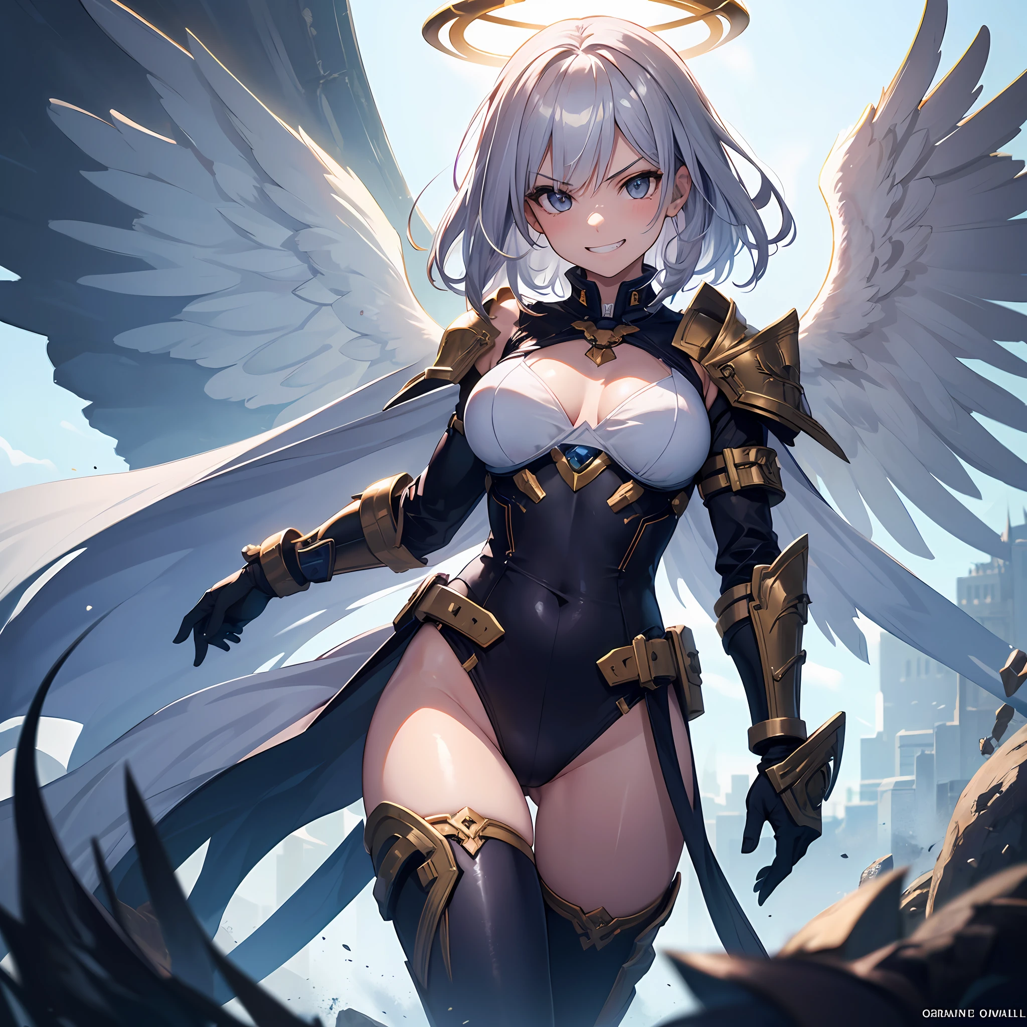 fantasy, 1angel_girl,child, loli,, medium_bob_hair, long_bangs, halo,bare_shoulder,thighhighs,silver_armor, waist_armor, large_breasts,angry,smile, grin,shiny_teeth,1pair_wings, dynamic_ pose_fighting,floating, bare_crotch, headgear,gauntlet, greaves,city_sky_background,slightly_spread_legs, solo, groin_naked,(masterpiece, best quality, best quality, official art, beautiful and aesthetic:1.2), (1 girl), very detailed,