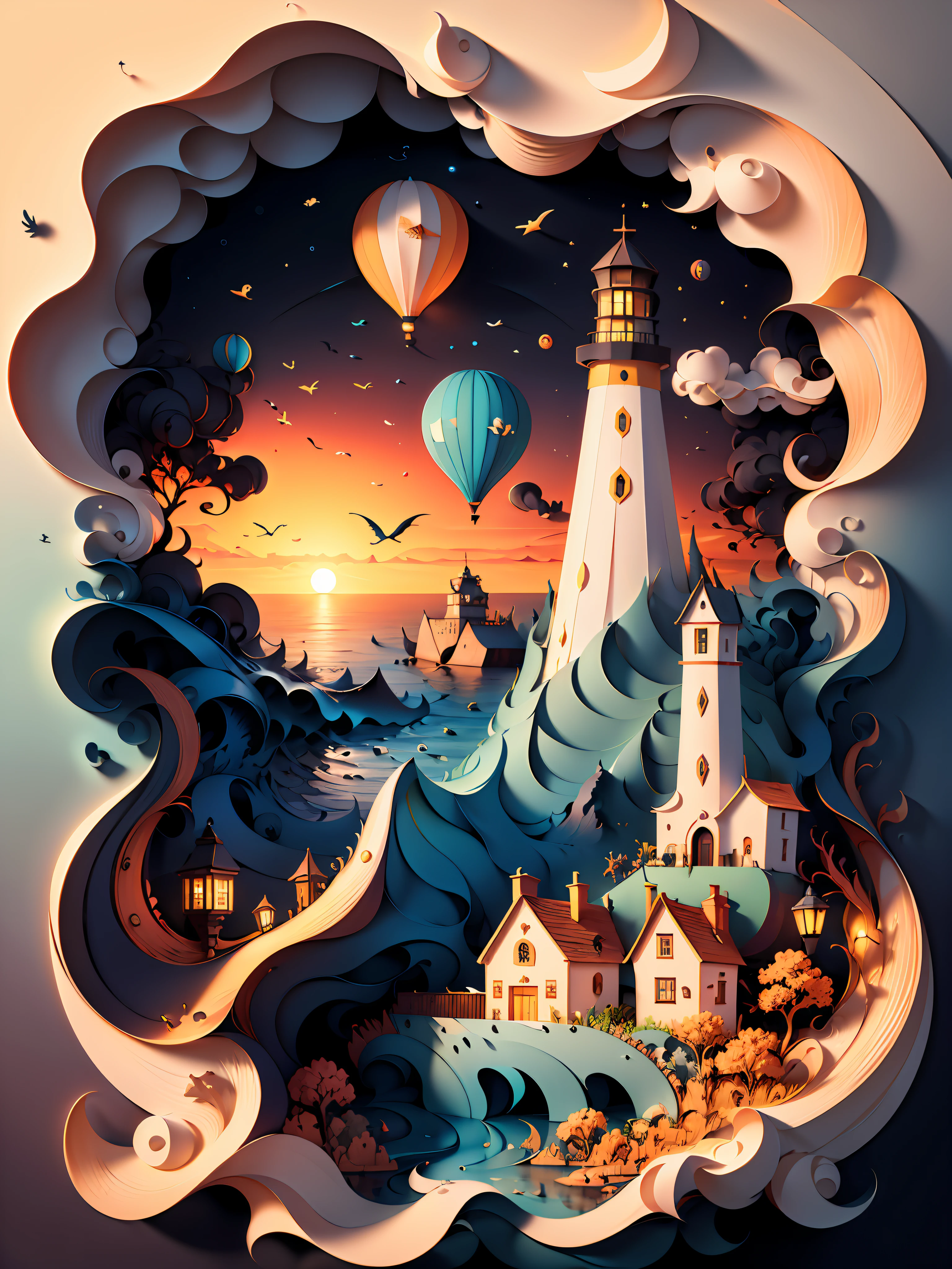 (((masterpiece))),best quality, illustration, lighthouse in turbulent seas  At sunset  , paper_cut,