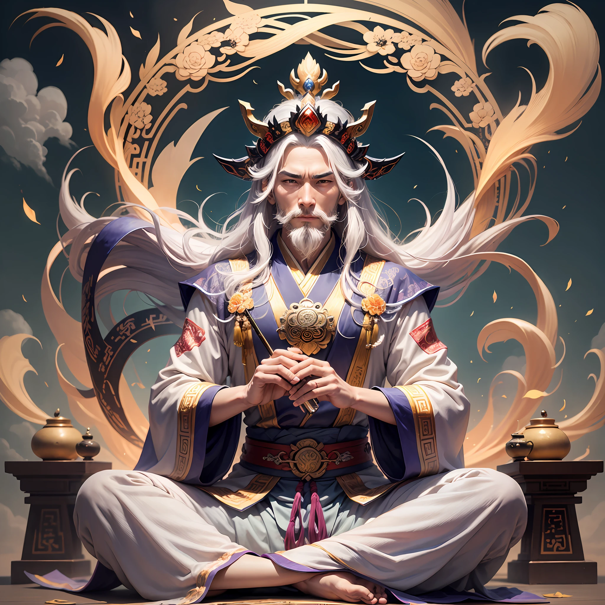 Appearance: long beard, white hair, kind eyebrows, solemn face, peaceful demeanor. Clothing: Wear a gorgeous Taoist robe, mainly blue, purple or gold, and the robe may be decorated with cloud patterns or auspicious clouds. Posture: Sitting on the lotus throne, with a straight body, a straight back, holding a yao qin, and gently plucking the strings with your fingers. Props: In addition to the Yaoqin in his hand, Taishang Laojun may also wear a Dao crown, step on auspicious clouds, and may have magic weapons such as magic swords, peach, etc. around him. Auspicious Clouds: Taishang Laojun is often depicted above fluttering auspicious clouds, symbolizing his status beyond mortal dust. --auto