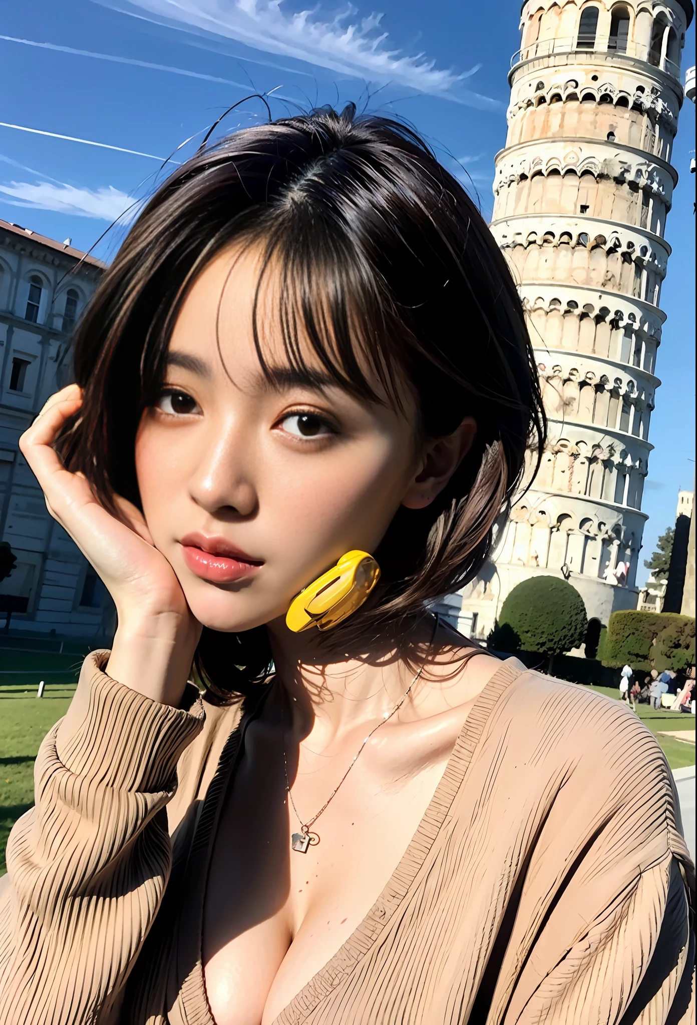 (Best Quality, 8k, 32k, Masterpiece, UHD: 1.2), Ultra High Definition Face, Ultra High Definition Eyes, Light Brown Eyes, Cleavage, (Leaning Tower Of Pisa background),navel,Cute Japan Woman Pictures, Big, Big, Short Bob Hair, Layer Hair, Upper Body, Face Focus, oversized_sweater, Necklace, Simple Background, Waist Up Photo, Perfect Lighting, SLR Camera Shooting, Gravure, watching the viewer,