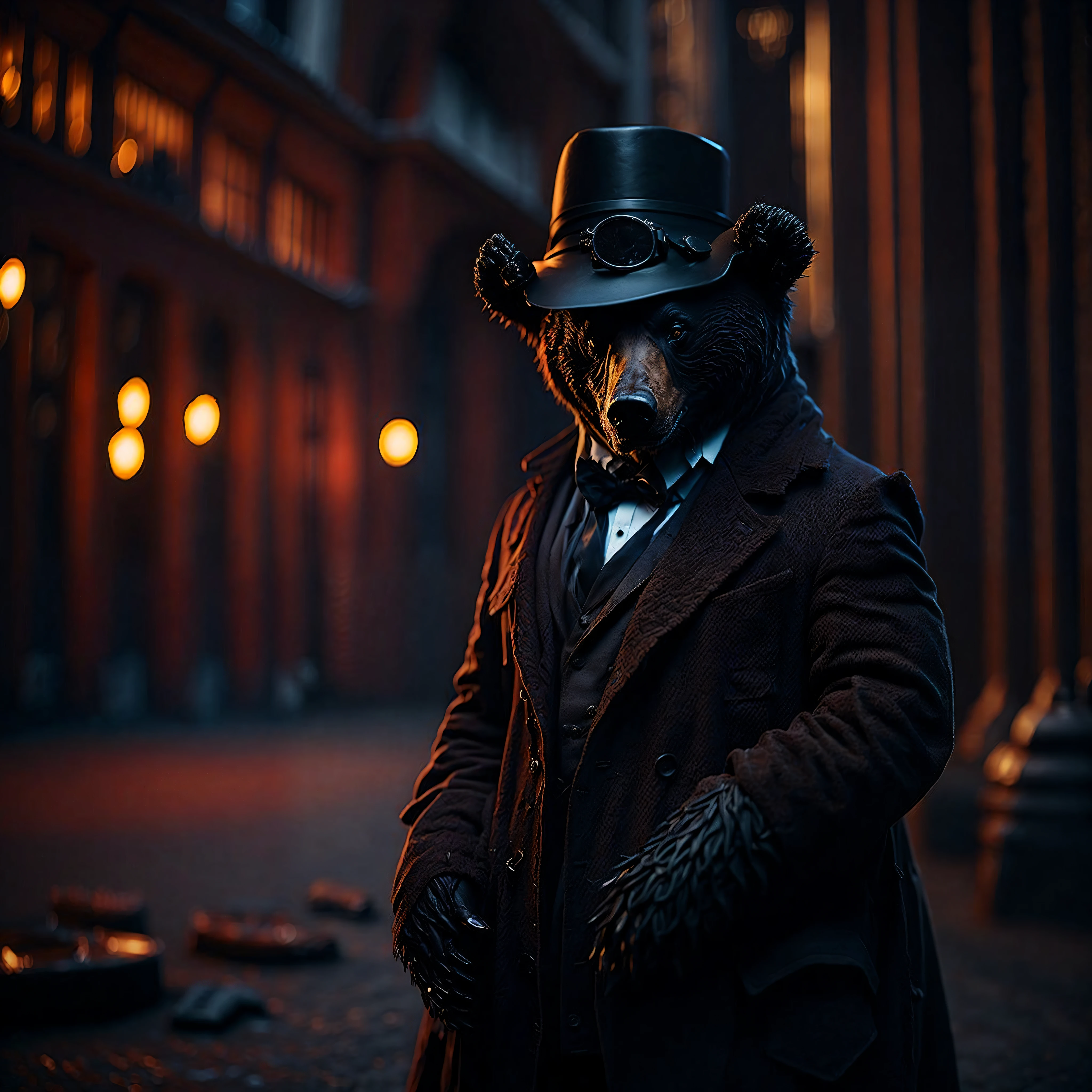 award winning portrait of a bear dressed as a secret agent, on the Red Square, bokeh, backlit