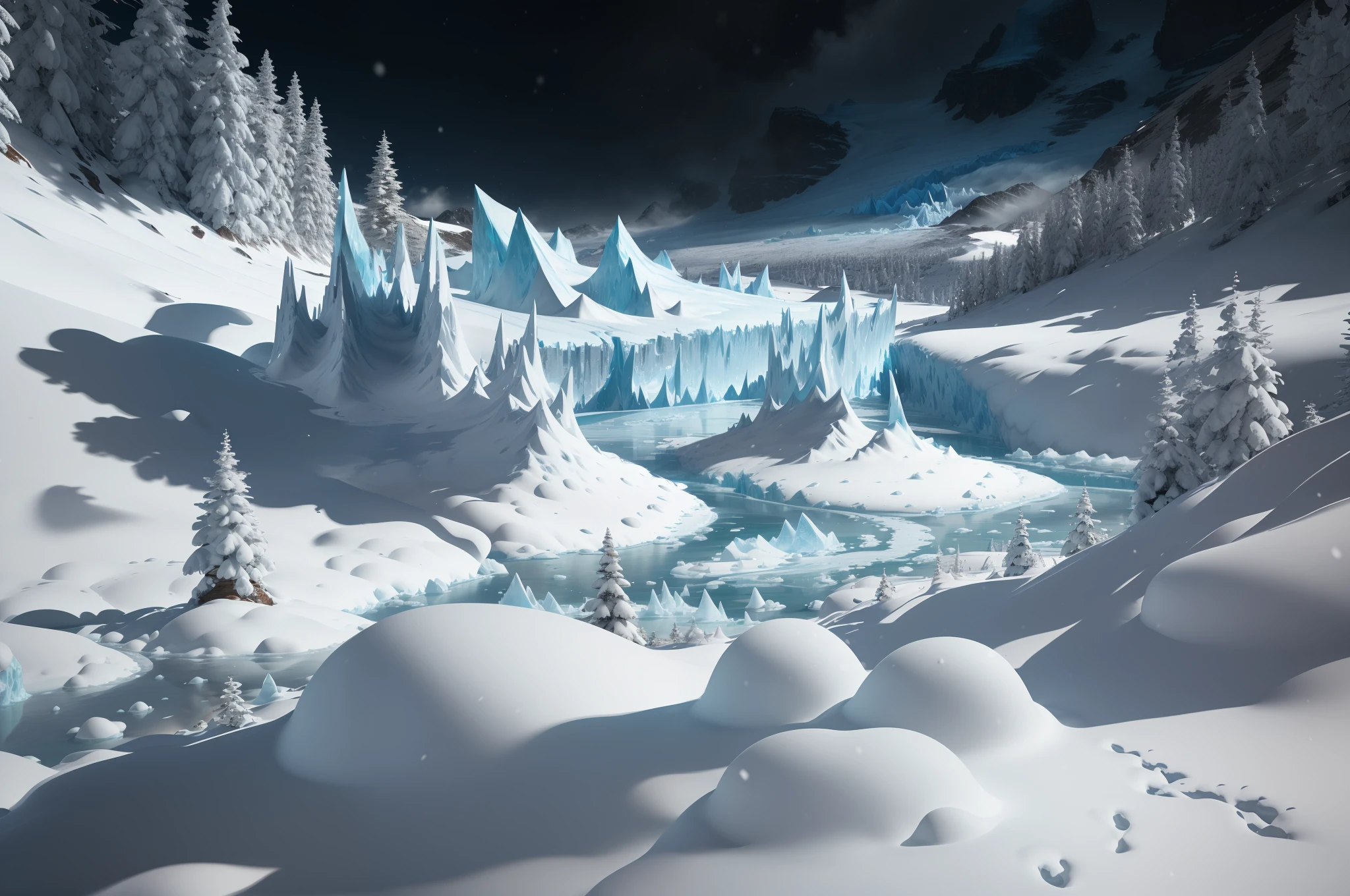 A glacier covers the land, Stunted conifers and snow, flakes of snow in the air, ice age environment, photorealistic, raytracing, particle effects