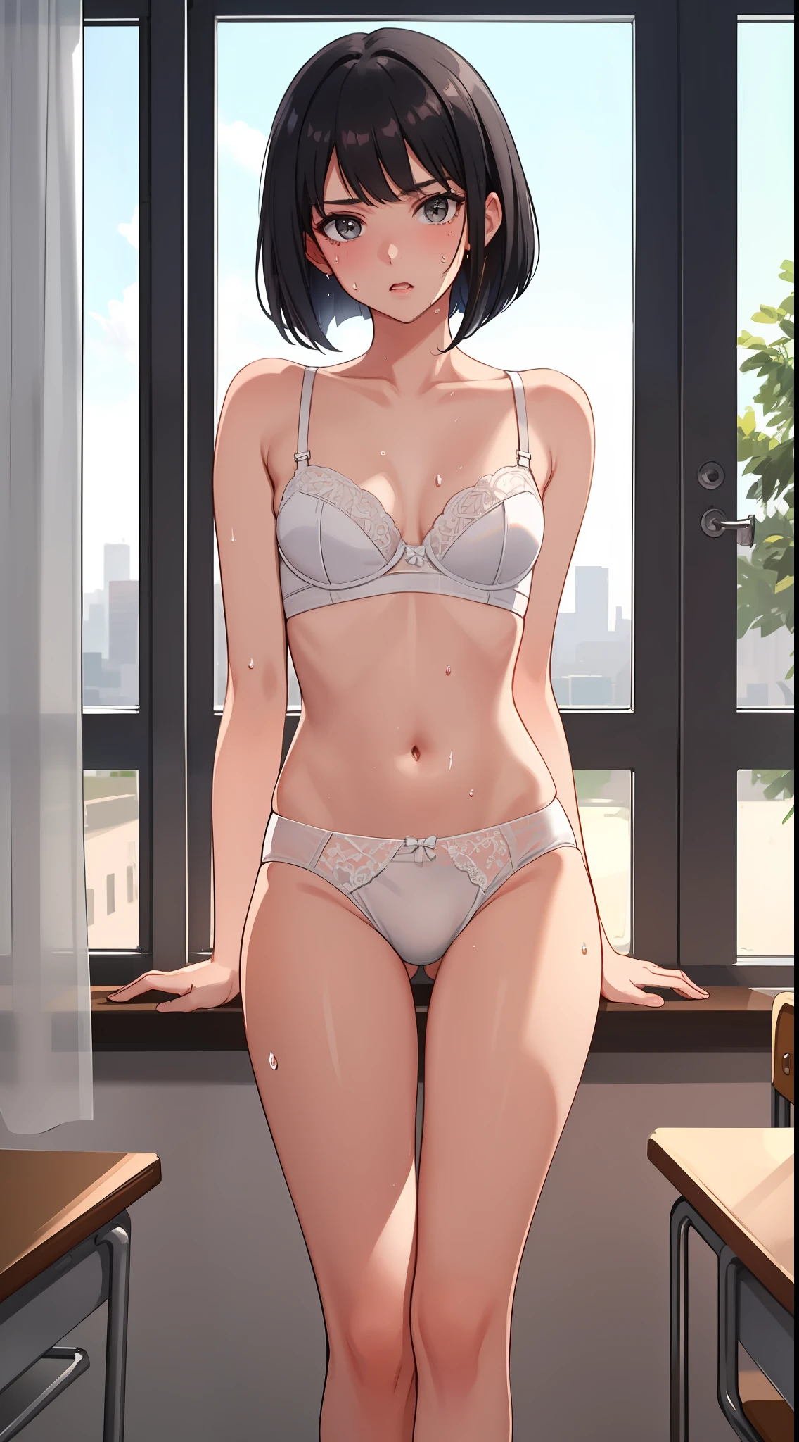 Masterpiece, High Quality, High Definition, Beautiful Shape, Beautiful, Beautiful Face, One Woman, Small, Exhibition, Dusk, Classroom, Black Hair, Bob Cut, Focus on People, White Lingerie Underwear, Breasts Showed, Crotch Show, (Yankee Sitting: 1.2), Tamed, Shameful Look, Sweaty, Open Legs, Bite of Pants