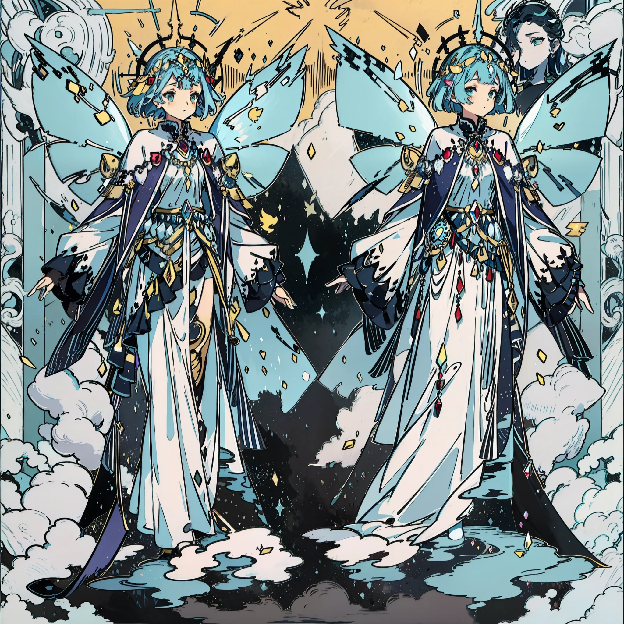 (costume design sheet, front, side, back), mythological style, vivid, soft, fairy fluttering, long skirt with long sleeves, imperial skirt, headdress complex, super high resolution, the best quality