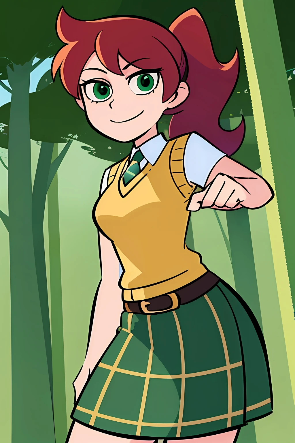 (cartoon), light smile, Schoolgirl attire, white blouse with yellow sweater vest, green striped tie, red plaid skirt and black boots with white buckles, forest green eyes and ashy hair in a twin ponytail, (style of Gravity Falls)