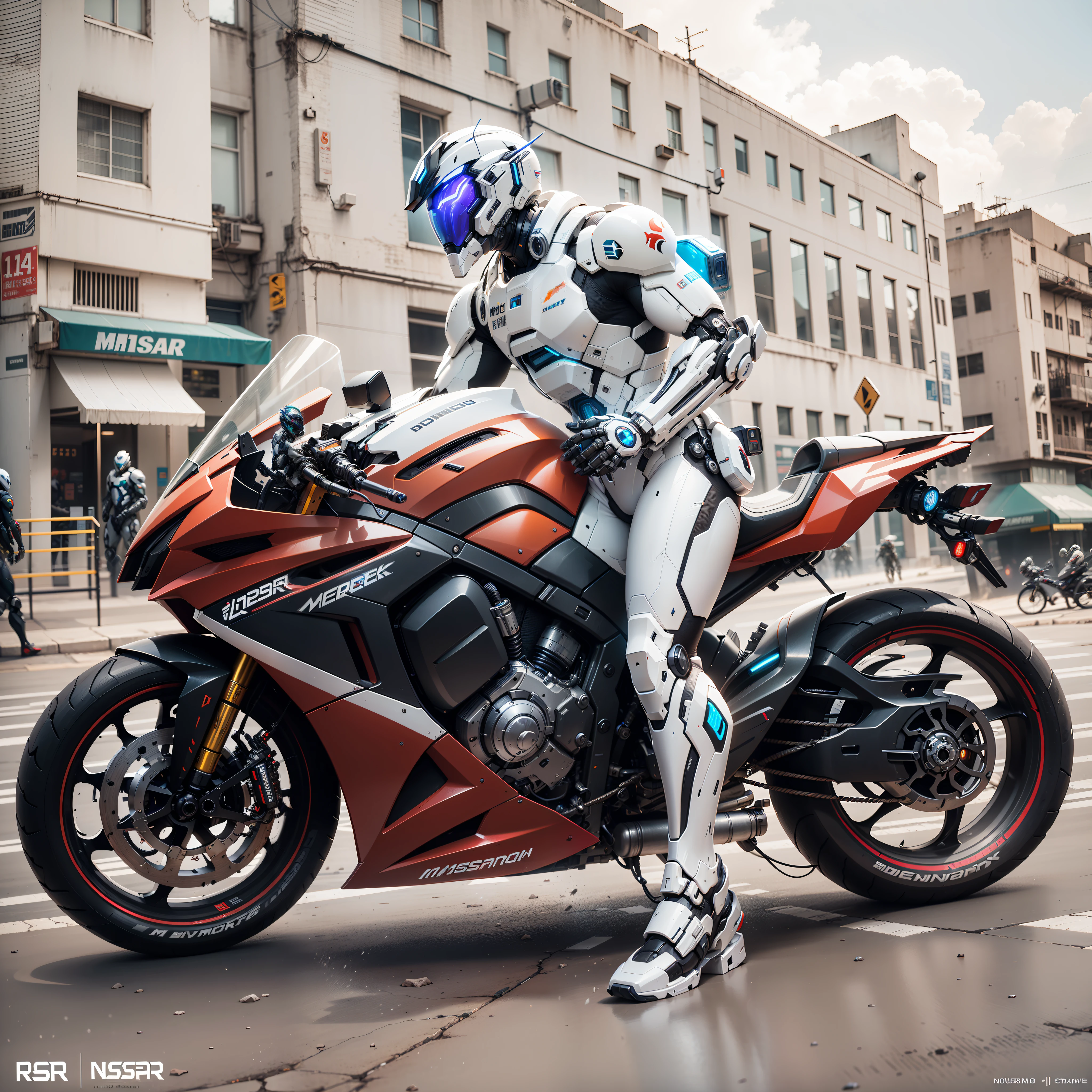 White mech suit, handsome full body white mech suit cyberpunk male warrior, white high-tech full surround helmet, black cyberpunk mech suit, Nousr, biomechanics, MSHN robot man, high-tech helmet, surreal, steel, complex design, crazy details, fine details, extremely clear lines, cinematic lighting, photo realisticity, detailed masterpiece
