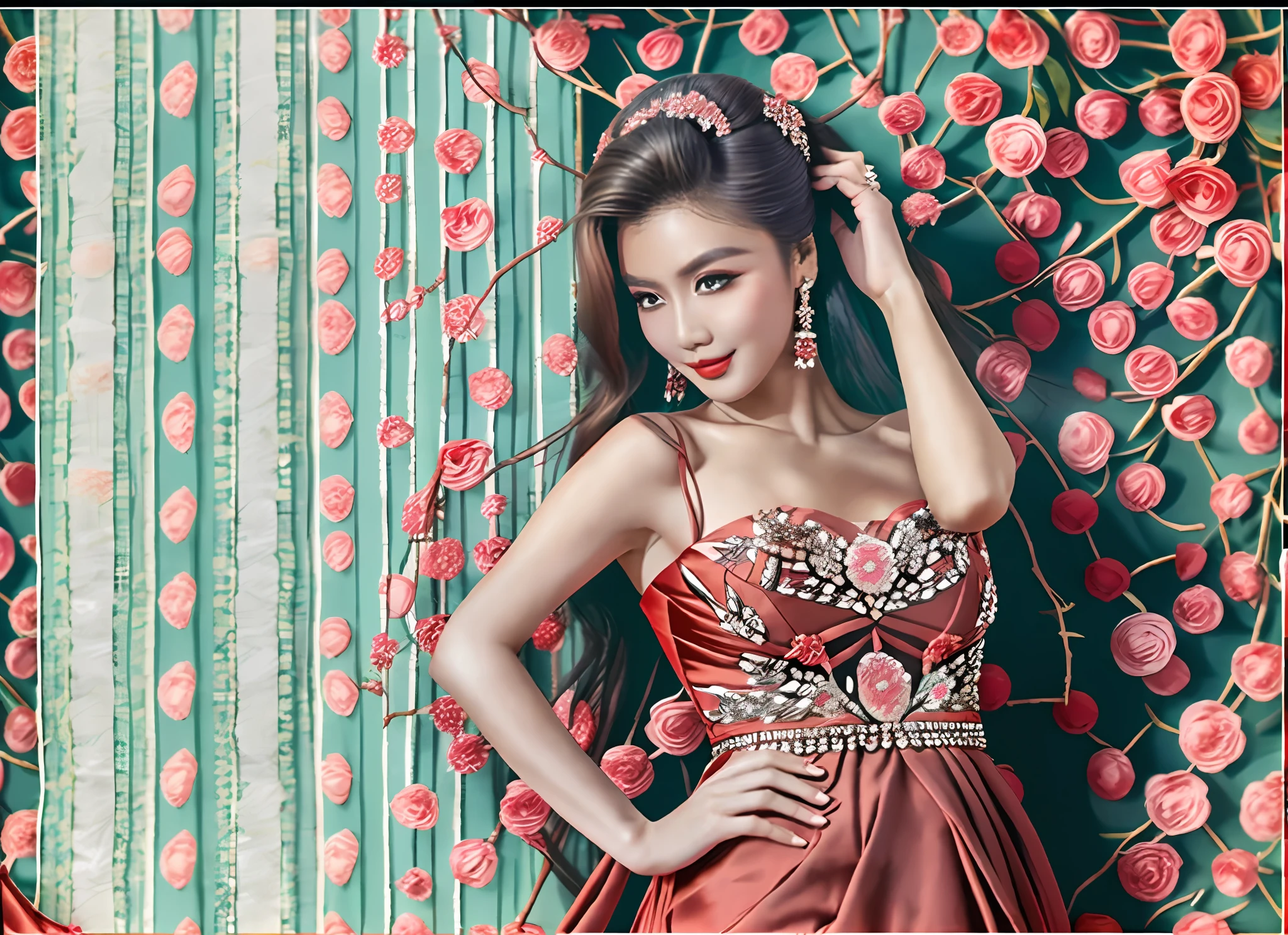 Arapei woman in red dress poses in front of gorgeous background, Nivanh Chantara, style as Lam Manh, Mai Anh Tran, fanart, ao dai, traditional art, shooting, elegant glamour pose, inspired by Don Xinyun Sundara, fashion photo, glamour pose, Natasha Tan, real