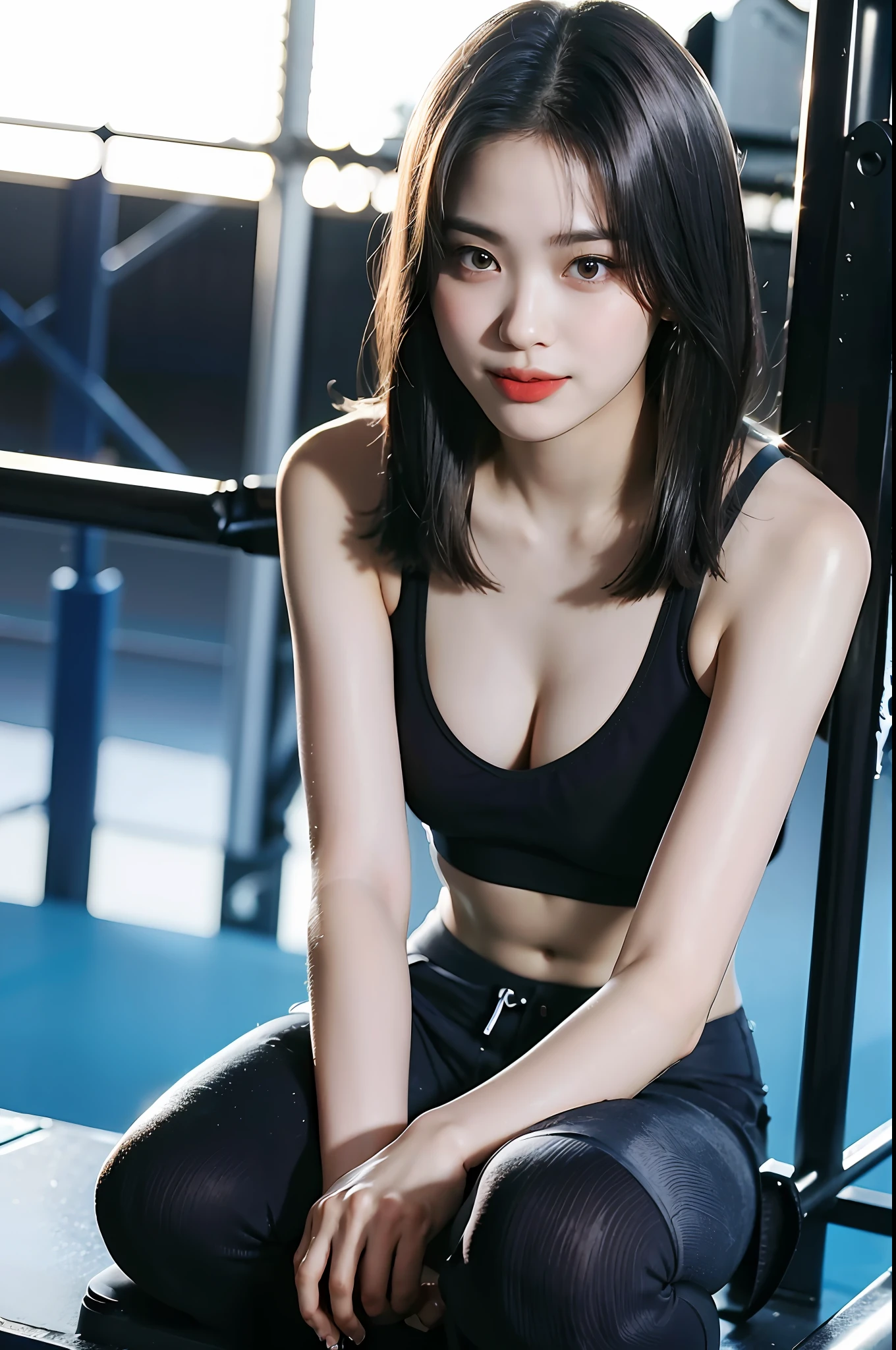 A girl, kneeling on the playground after school, ((full body visible)), far away from viewer.
She is a beautiful, pretty, adorable, cute, young, .
She is slim, slender, petite, skinny, (flat chest), (tiny boobs), (small breasts).
She is sweating, wet, soaked. Clothes transparent, sweat on skin, wet hair.
She is grinning, smiling. She looks natural, relaxed, unpretentious.
Trickery face. Making funny faces. (Tongue sticking out), telling a secret, hiding a secret, shy, excited.
She stares, looking at viewer.
She has a black ponytail.
She wears school uniform, a rolled-up white shirt with blue collar, a colored Corduroy sport bra under shirt, blue shorts, wearing two layers.
shirtlift, . (((She lifts up her shirt, showing off her sports bra underneath))).
Camera focused on her face, light on face, very large aperture, ((f/1.2)), shallow depth-of-field, strong background lens blur, ISO 3000, auto white balance,
Extremely detailed, professional lighting, soft light, raw photo, fashion model for uniqlo,
best quality, masterpiece, award-winning photography, huge filesize, 8k, highres,
shot on Sony DSLR.