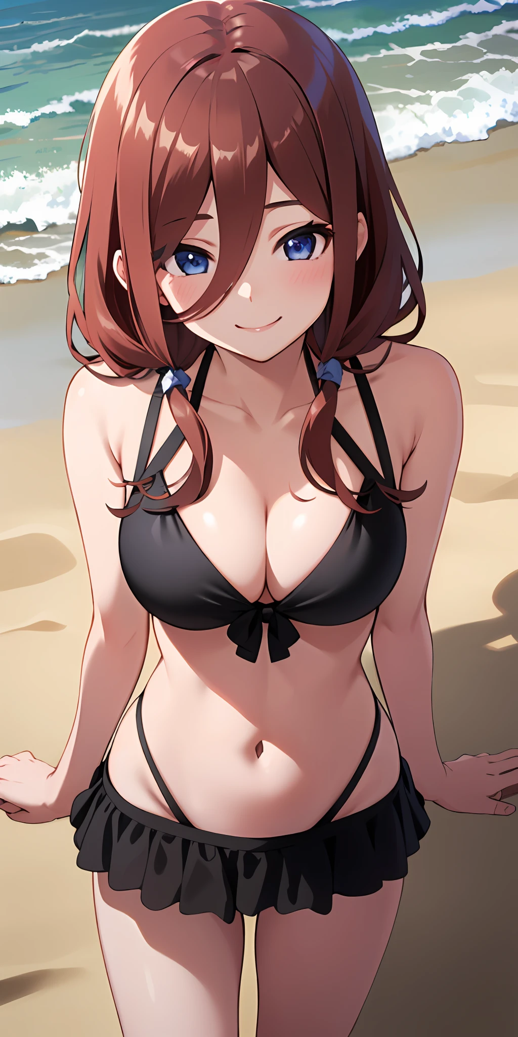 (Best quality:1.3), nakano miku, brown long hair, hair between eyes, bikini, large round breasts, smiling, (from above view, breasts focus), beach