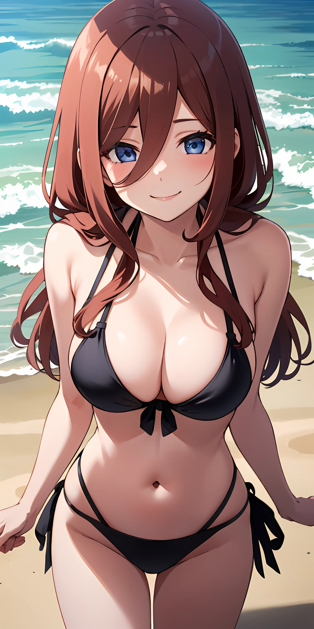 (Best quality:1.3), nakano miku, brown long hair, hair between eyes, bikini, large round breasts, smiling, (from above view, breasts focus), beach