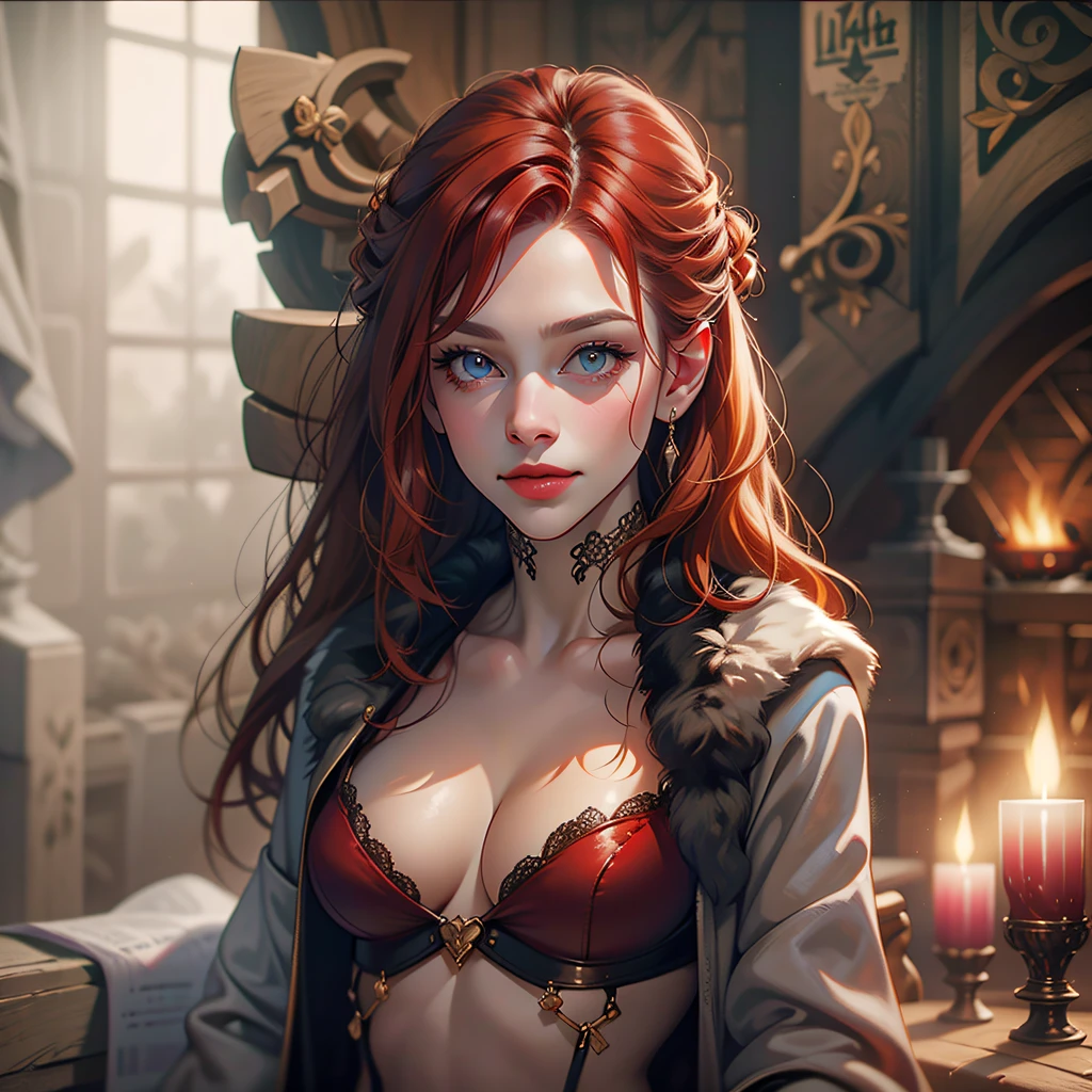 Beautiful red-haired women in robe, pink with boombons