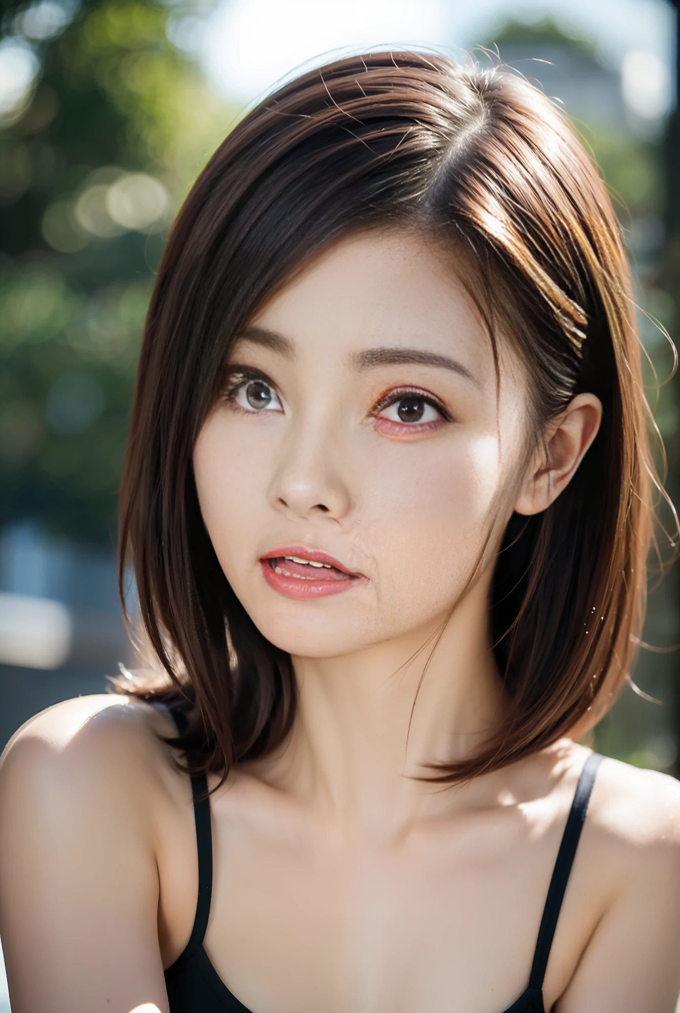 ((Top quality, 8k, Masterpiece: 1.3)), female (upper body portrait, front, leaning tower background of Pisa, navel, slouch, inside_sauna: 1.6), overhead camera, clear focus: 1.2, cute woman: 1.4, (brown hair, medium hair)), highly detailed face and skin and hair texture, wet body, wet face, wet hair, detailed eyes, double eyelids, white skin, beautiful and delicate nose, cute young Chinese woman, 20 years old, With a dynamic angle that creates a melancholic mood characterized by a mixture of calming tones and contrasting light and shadow, while emphasizing the subject's hair, eyes, mouth and movements, it is a pleasing composition and suggestiveness.