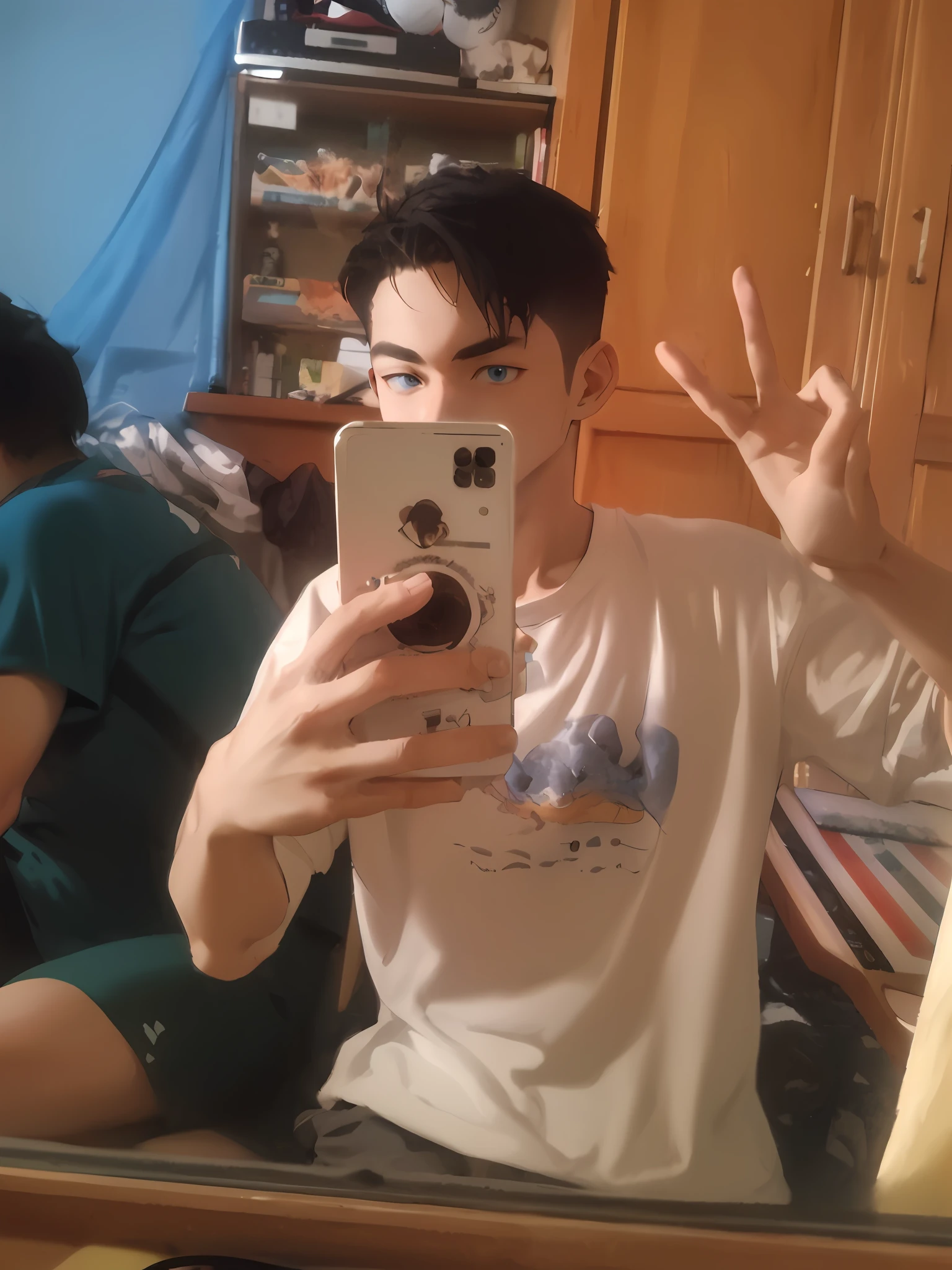 Best quality: 1.0), (Super High Resolution: 1.0), Anime boy, short black hair, blue eyes, sitting in front of computer playing games, background in esports room,