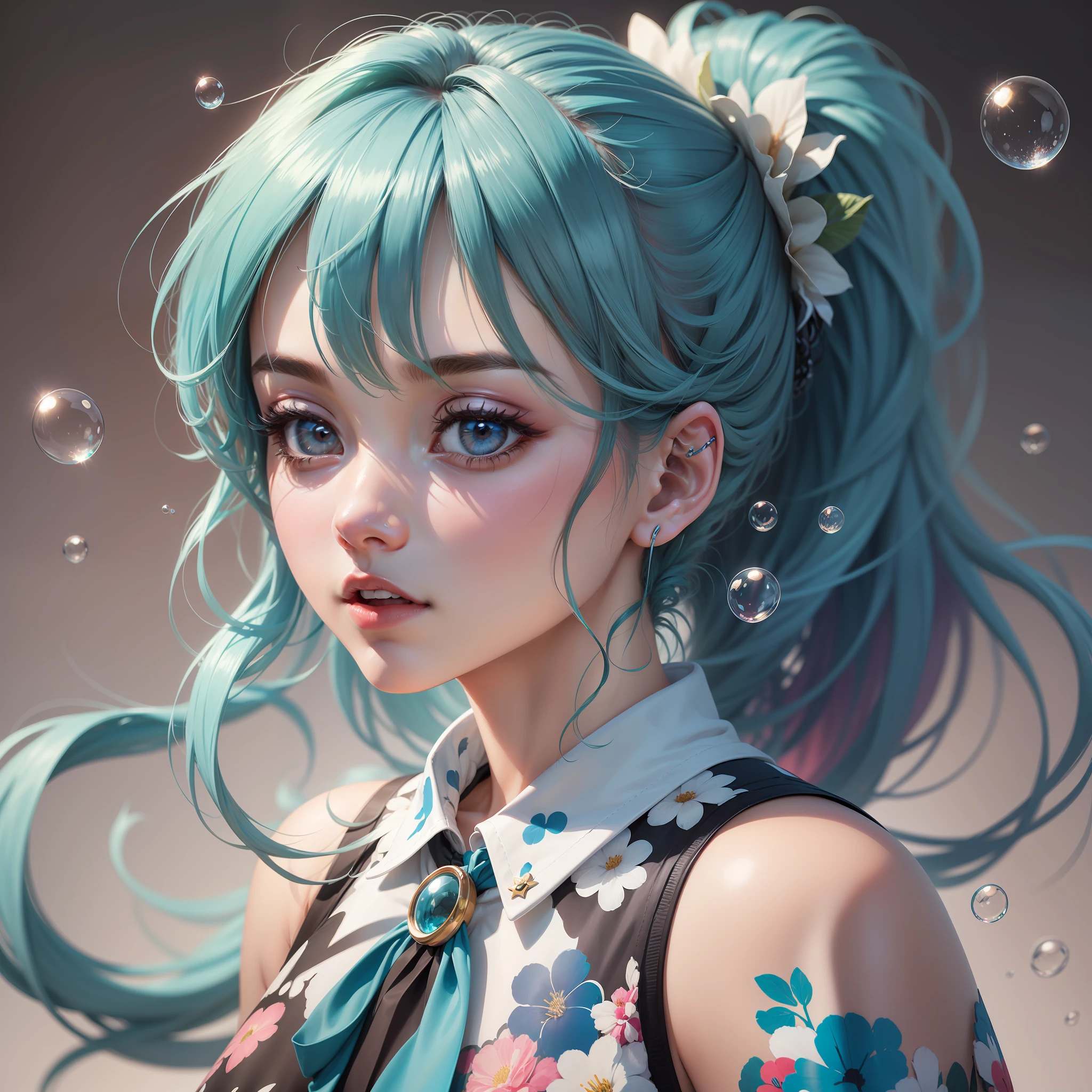 (masterpiece), (best quality), (ultra detailed),(disheveled hair),(illustration), (1girl), (Fashionable clothing), standing, Fashion model, looking at viewer, (interview), (simple background),beautiful detailed eyes, delicate beautiful face, Floating,(high saturation),(colorful splashes),colorful bubble,(shining), focus on face, ponytail, kamisato ayaka, light blue hair, bangs, hair ring, floating flowers, floating hairs, (shining), best lighting, best shadow,