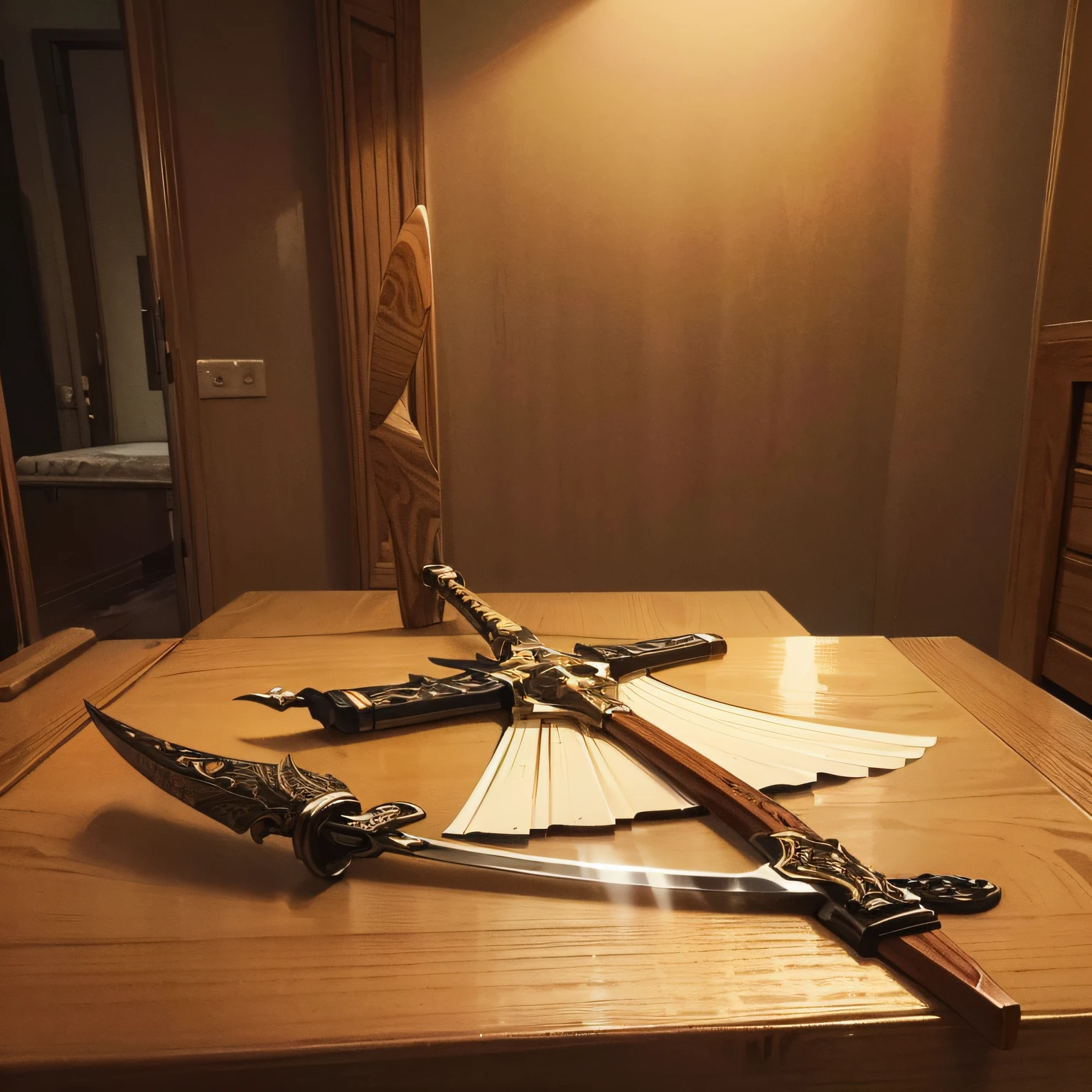 Create a stunning image of a majestic wooden sword. The sword has a hand-carved handle, made of dark oak wood, with intricate details and a comfortable grip. The blade is carved from a single piece of hardwood, with an elegant curvature and carved details along the entire length. The wood has a rich and smooth texture, highlighting the natural patterns. Sunlight shines on the sword, highlighting the warm tones of the wood and creating subtle shadows along the blade. The sword rests on a handmade display stand, in a dimly lit environment, underscoring its beauty and meticulous craftsmanship. The image conveys the feeling of honor, tradition and affection for nature. --auto