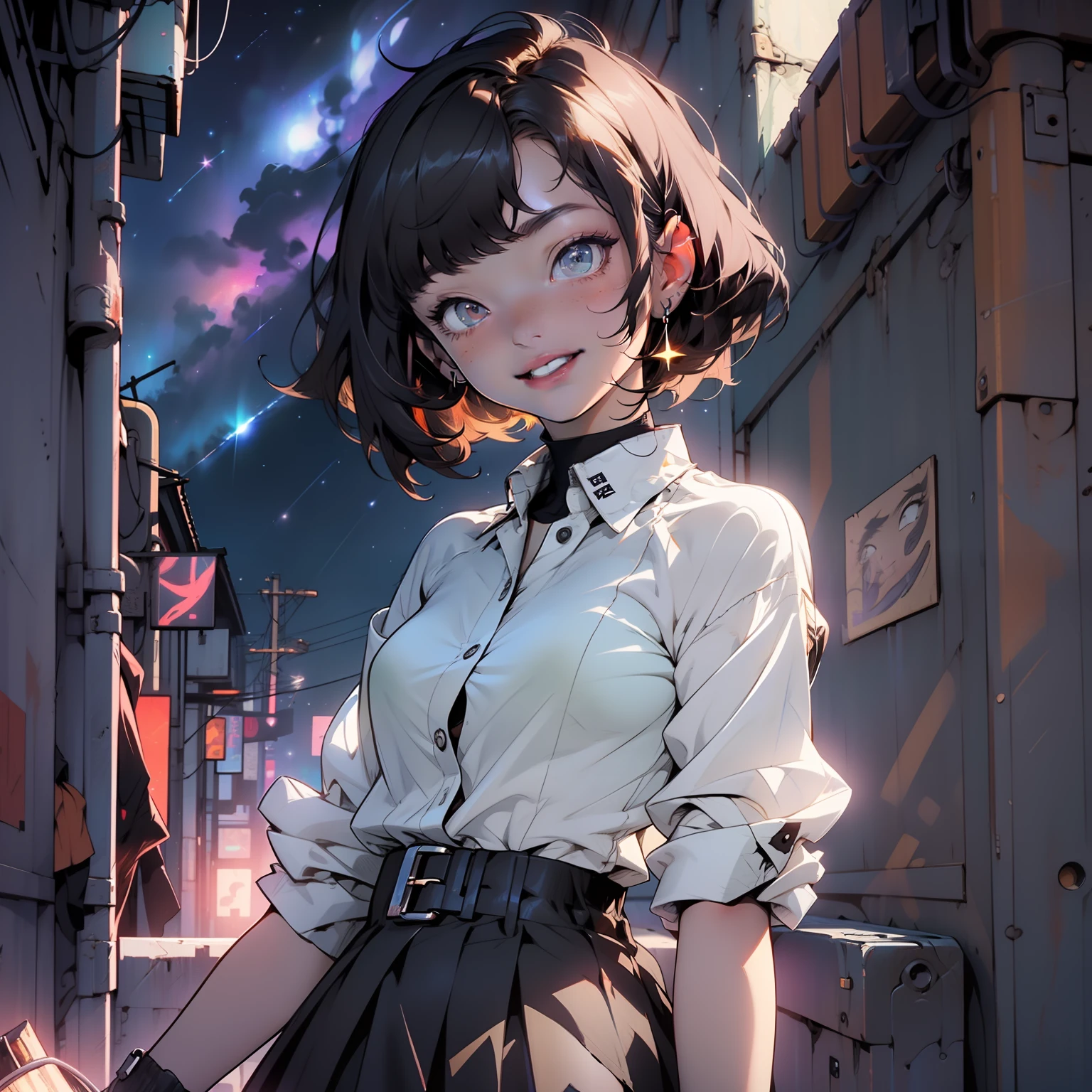 HD, high quality, 4k, masterpiece, anime girl with short dark hair, brown eye, dark shadows beneath eyes, long white shirt and black skirt is watching stars through the window, night, smile, starry sky on the background, colorful, cyberpunk