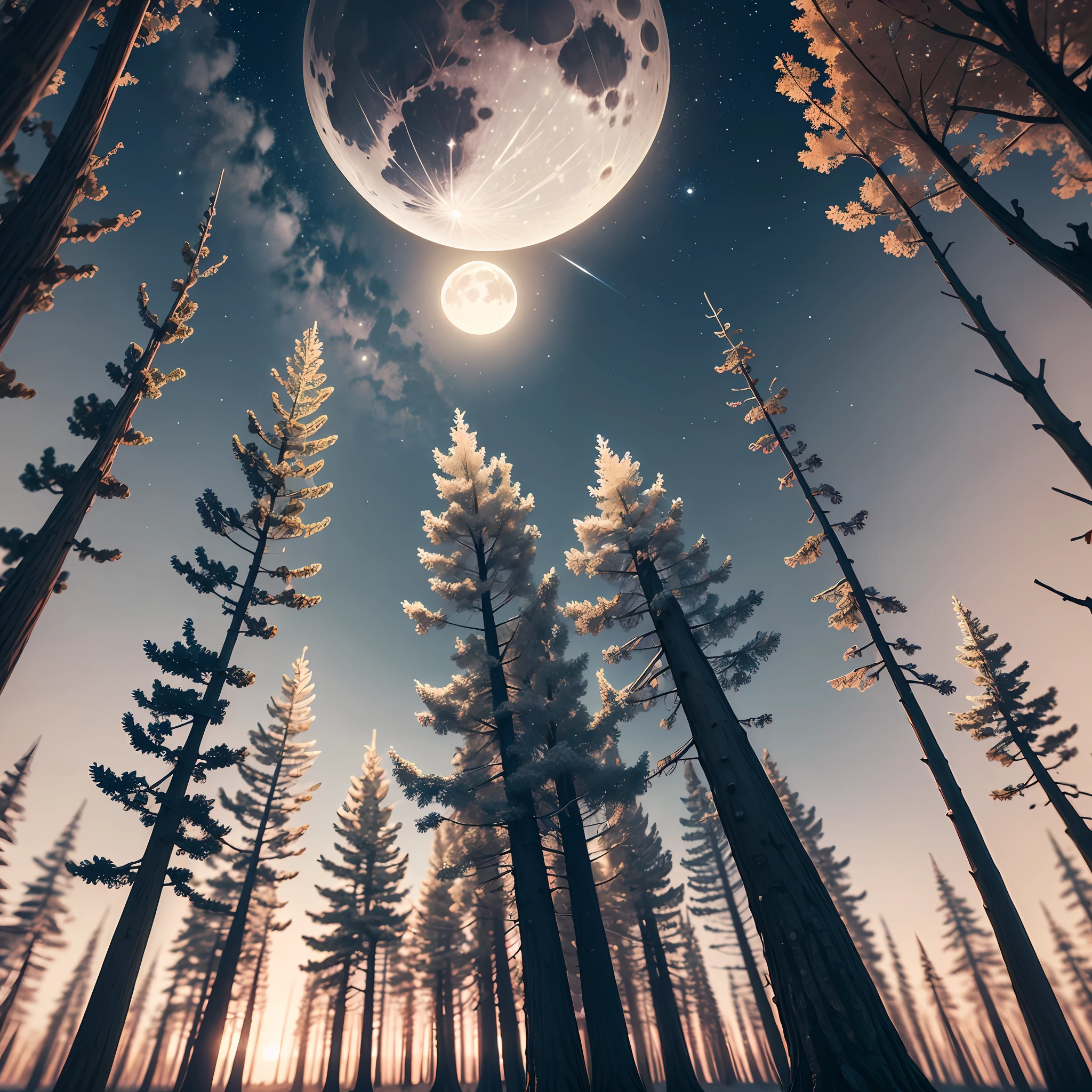 The moon seen from the bottom up, on a winter day, gray day, trees are without leaves and shadows of the branches stands out, as if it were taken a picture from a professional camera, better lens, the moon is full and bright, around the camera has thin trees with dry branches, sky is starry but the highlight is the bright full moon. Realistic, Cinematic, 8k. --auto
