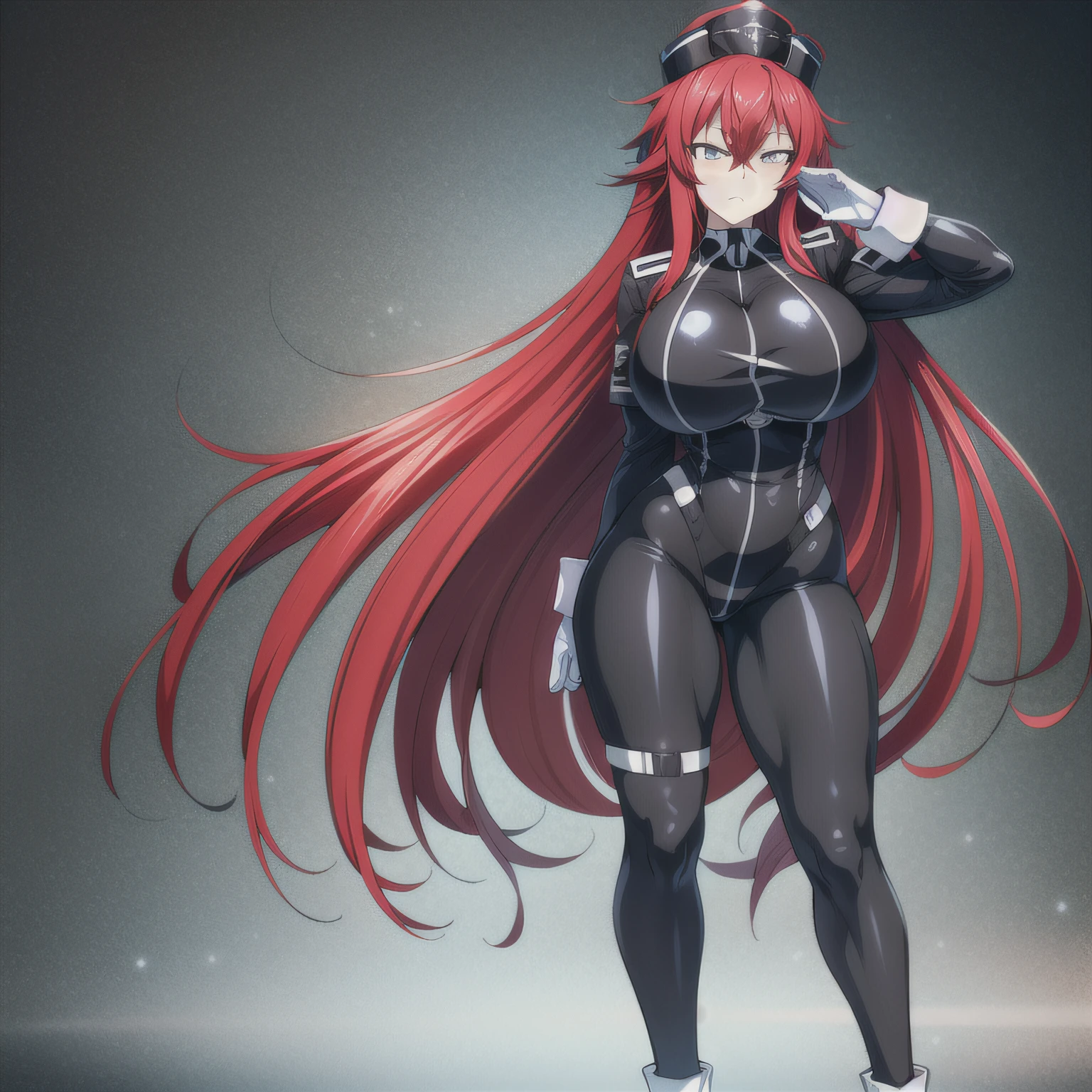 Rias gremory , long hair, huge breasts, huge ass, wide hips, expressionless, bodysuit, platform heels, hypnotized, garrison cap, saluting, standing at attention, looking at you, full body shot, thick thighs, HD, 4K, high details, full body shot, symbol-shaped pupils, heart-shaped pupils, red hair, muscle girl, SMS-uniform, full body, UHD, masterpiece, ccurate, anatomically correct, textured skin, high quality, high details, super detail, award winning, best quality, highres, 4K, HD