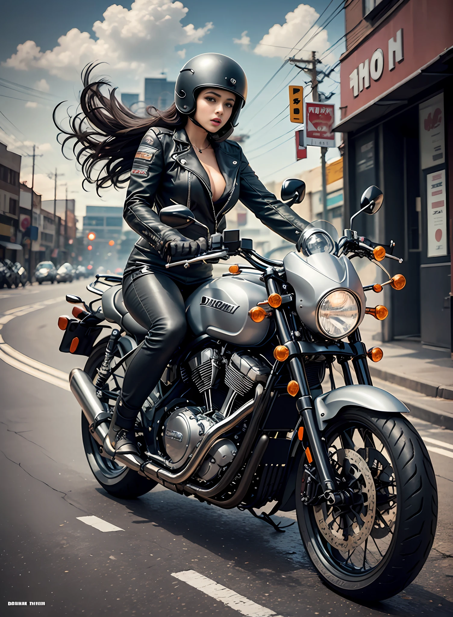Medium breasted woman, black and gray motorcycle, Dhoom movie poster