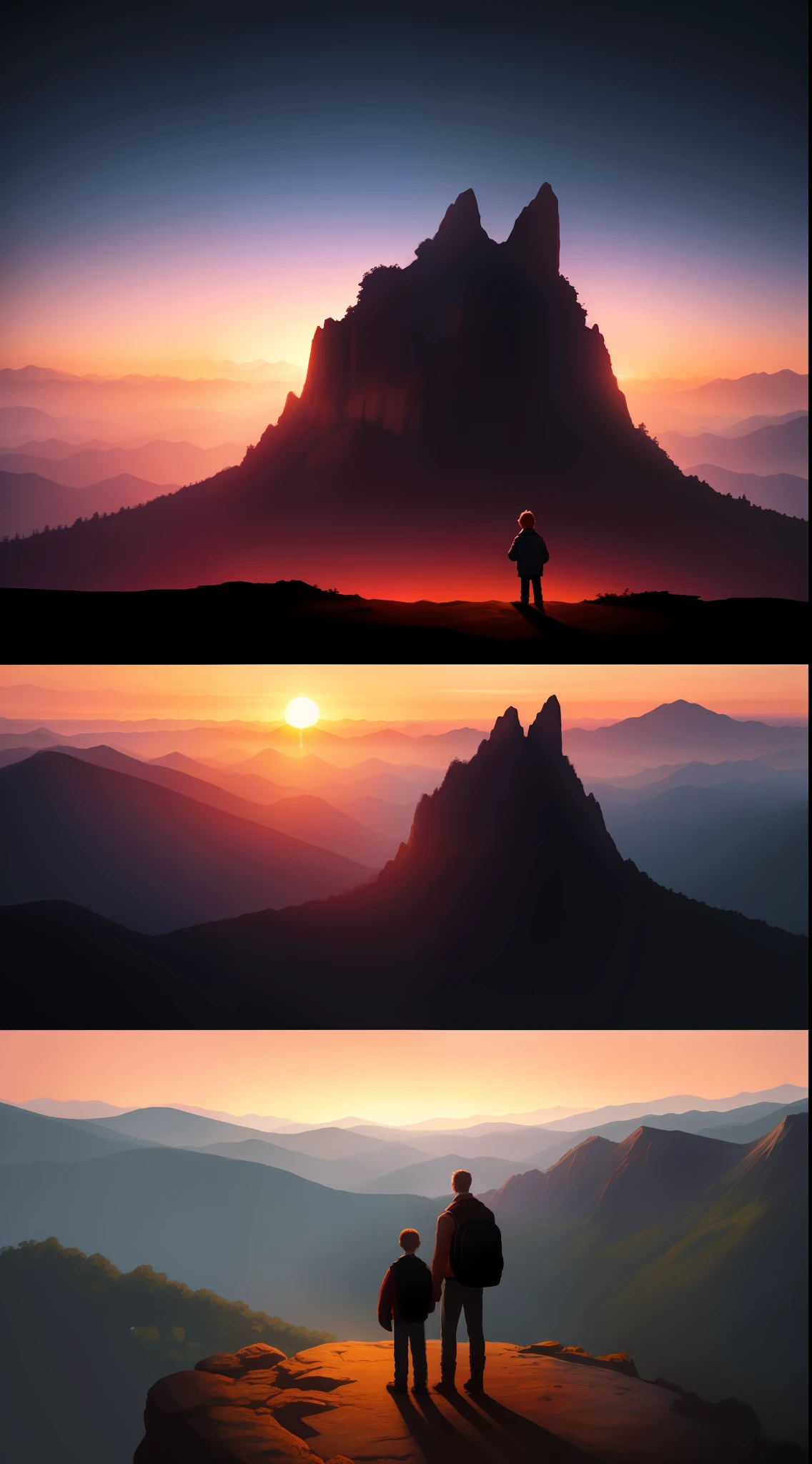 Father and son child, in close-up on mountaintop, beautiful valley, sunset, fantasy image, 4k, close-up image