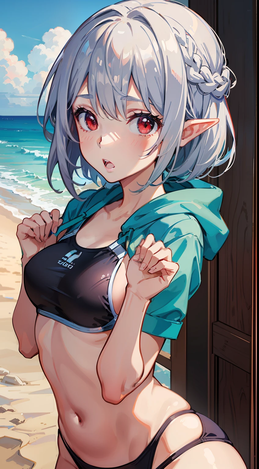((Put both hands on your face)), ((surprised)), (Red face), 1 girl closeup, Elf, Silver hair, Red eyes, Bob cut, Braided hair, Hoodie, Swimsuit, Competitive swimsuit, Sea, Beach, Coast, TS, Concept art, Beautiful anime scene, Beautiful anime scene, Beautiful anime scenery, Best quality, Masterpiece, 4K
