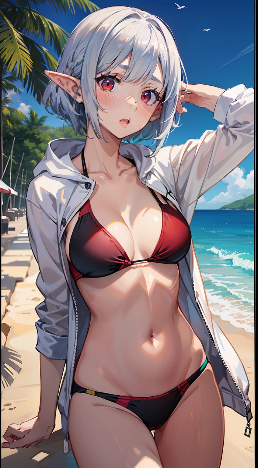 ((Put both hands on your face)), ((surprised)), (Red face), 1 girl closeup, Elf, Silver hair, Red eyes, Bob cut, Braided hair, Hoodie, Swimsuit, Competitive swimsuit, Sea, Beach, Coast, TS, Concept art, Beautiful anime scene, Beautiful anime scene, Beautiful anime scenery, Best quality, Masterpiece, 4K